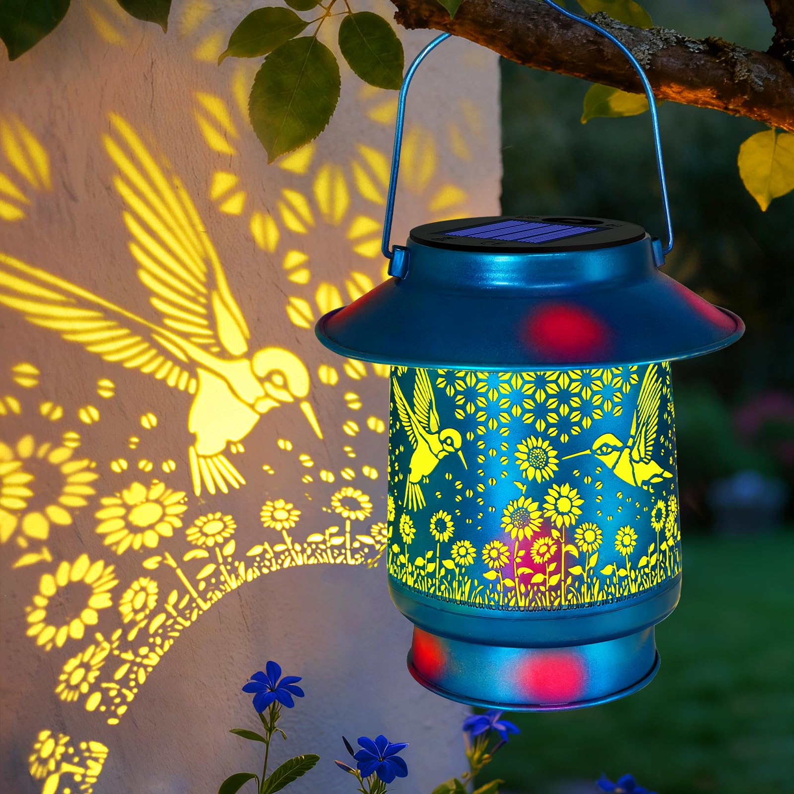 Hummingbird Solar Lanterns Outdoor Waterproof Brim, Garden Decor Birthday Gifts for Women Mom Grandma,Blue Spray Paint Metal Han