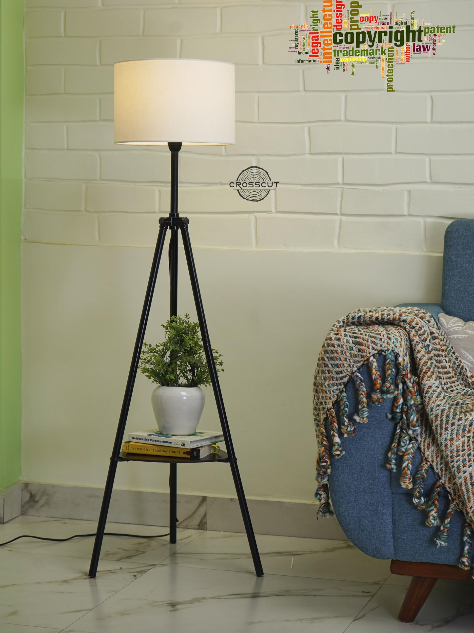 Crosscut Furniture Metal Floor Lamp with decorative shelf (Cotton White)