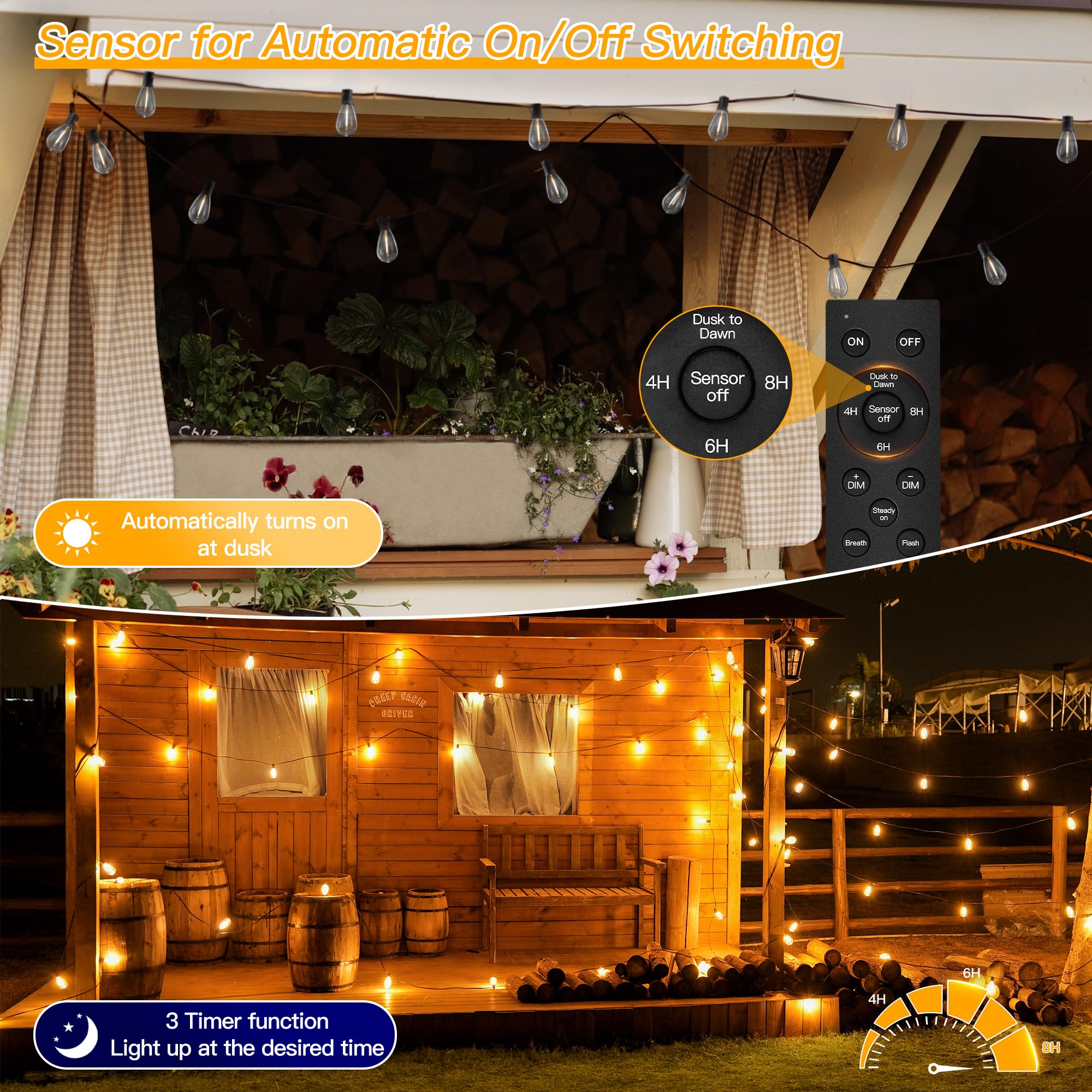 Ollny S11 100Ft Outdoor String Lights With Remote, Plug In Waterproof Connectable 3 Modes Dimmable Timers Patio Lights With 48+2
