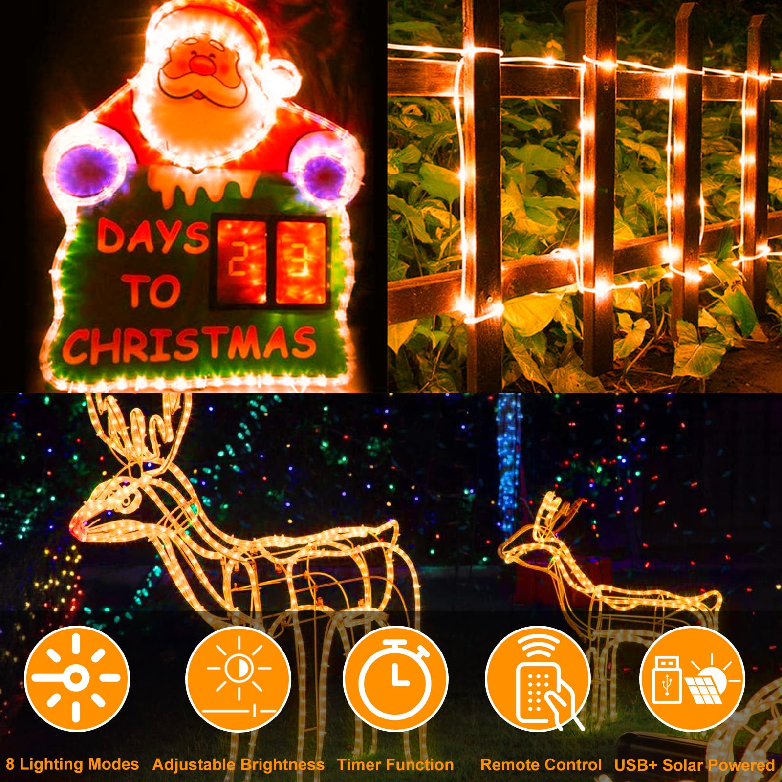 164 Ft 1000 Led Rope Lights Solar Powered Waterproof String Lights 8 Modes Outdoor Tube Light Copper Wire Fairy Lights For Chris