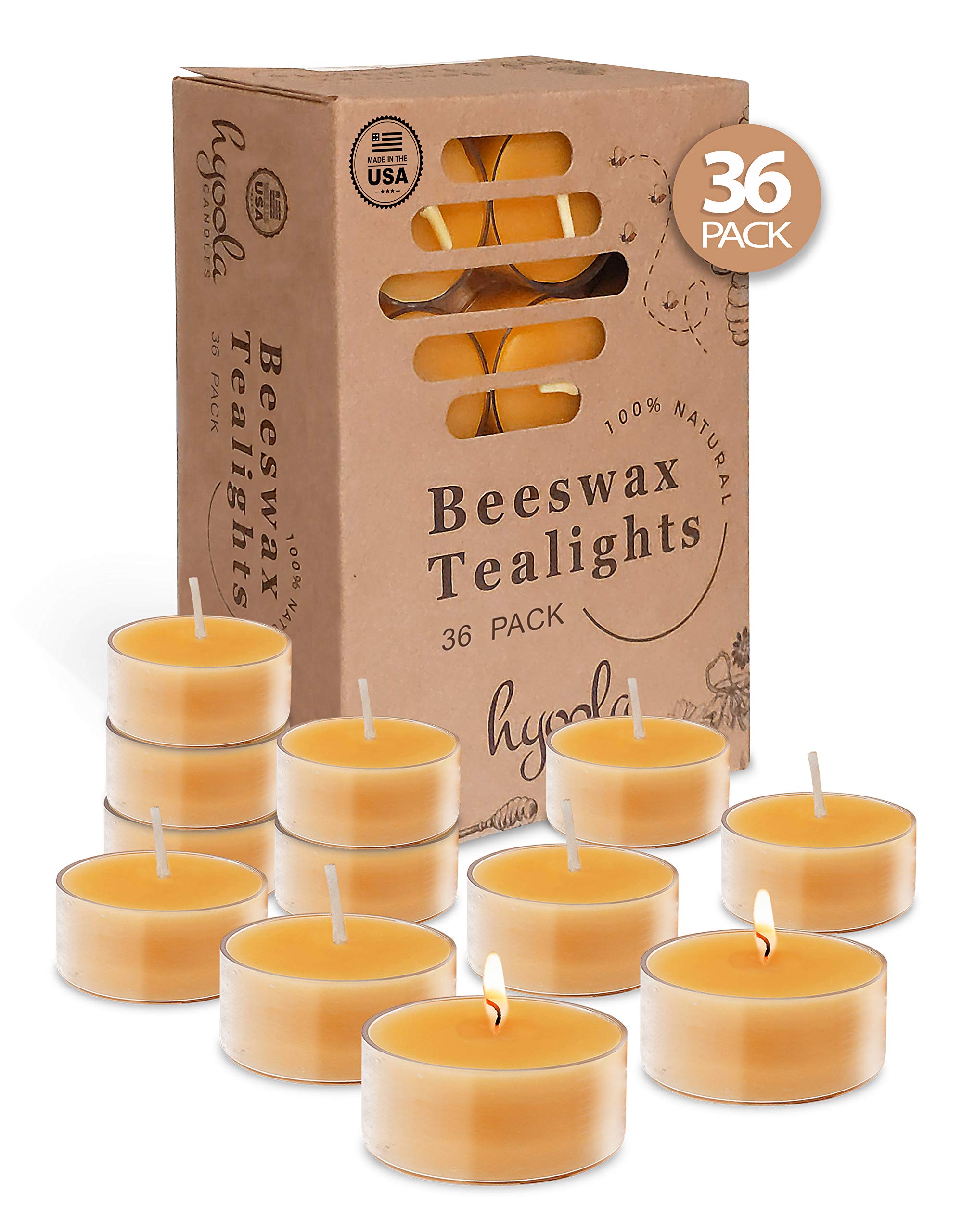 Hyoola Pure Beeswax Tea Lights, Handmade Decorative Unscented, Tealight Candles, 4 Hour Burn Time, Clear Cup (Pack Of 36)