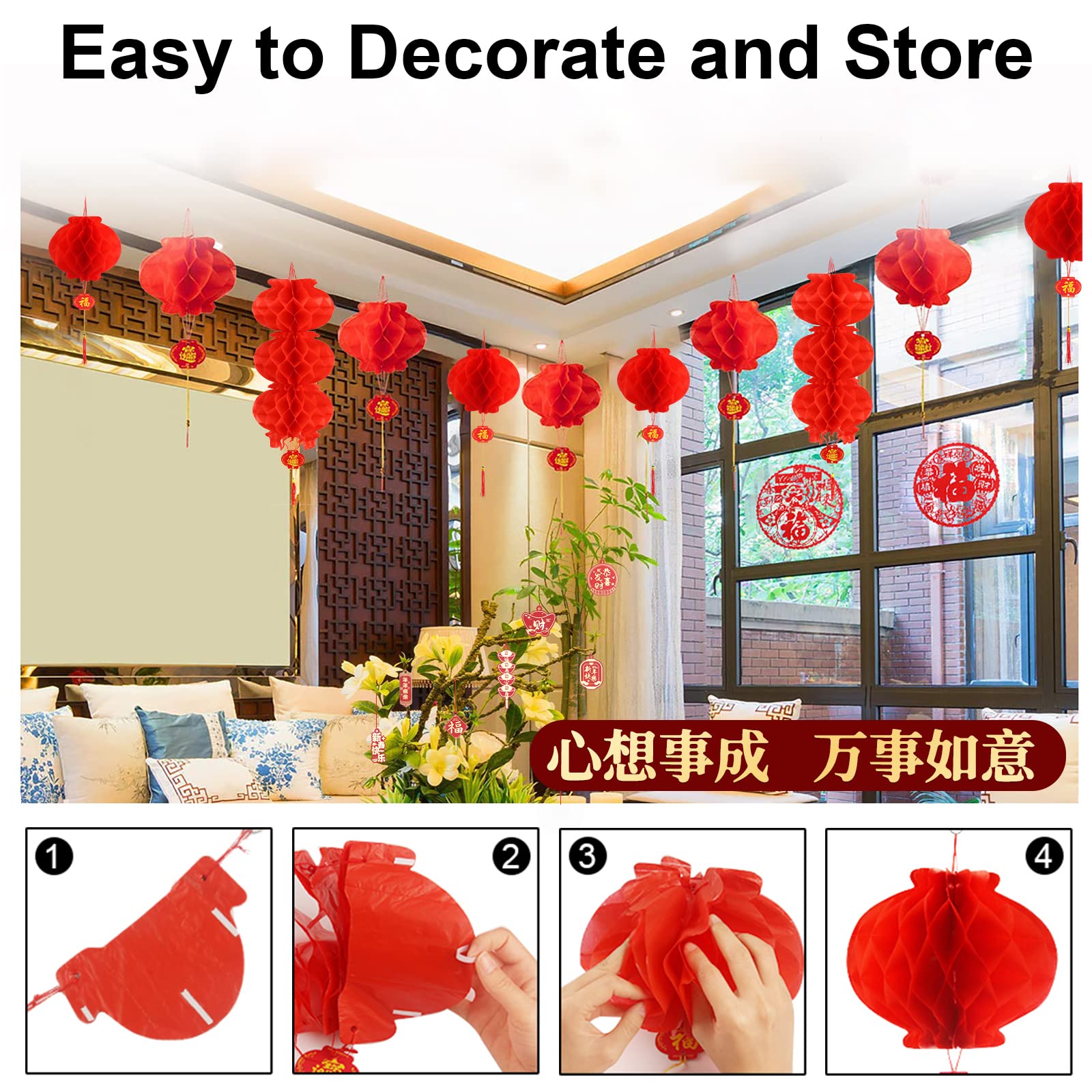 30 Pieces Chinese Round Hanging Red Paper Lanterns Decorations For 2024 New Year Spring Festival Party Decor, Wedding And Restau