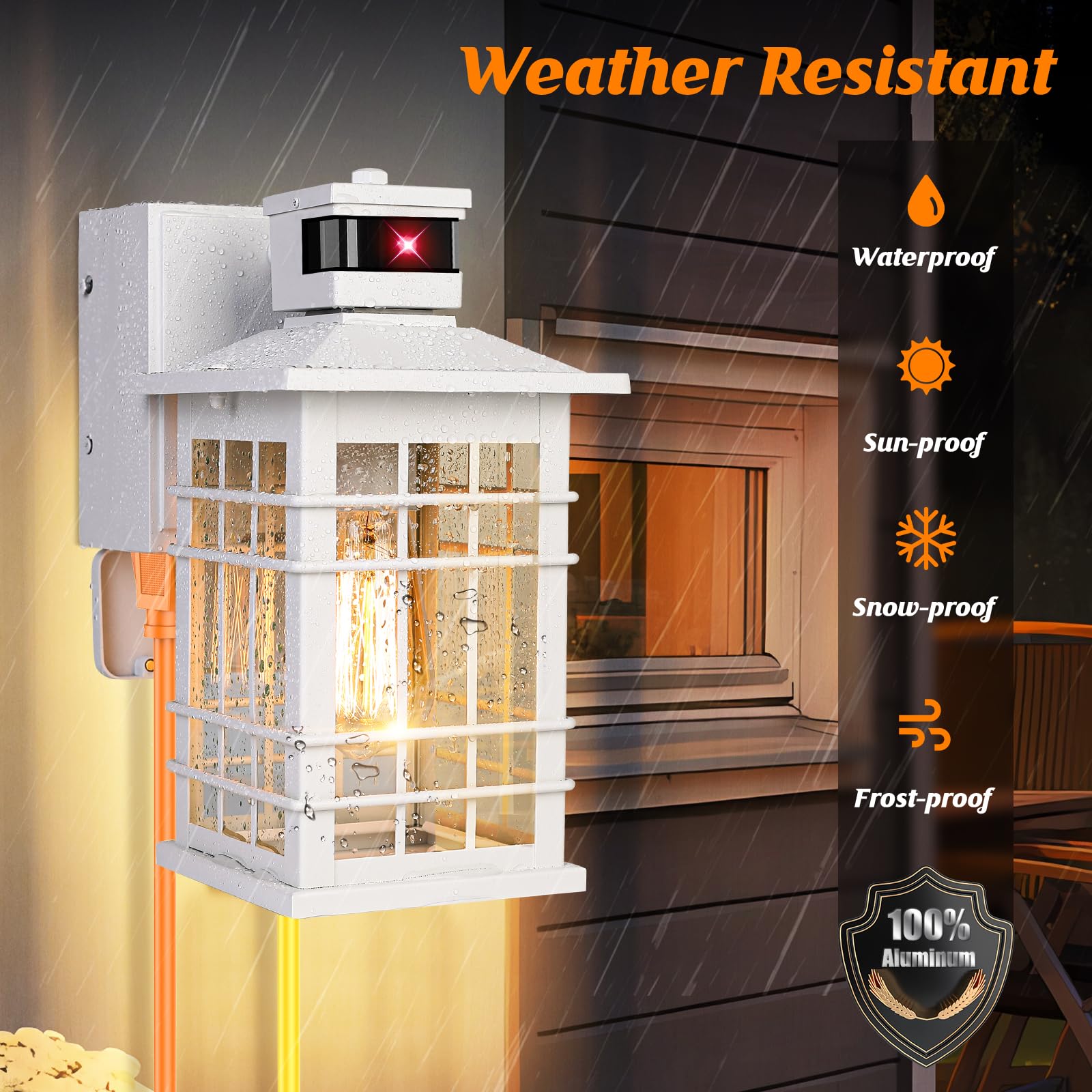 Porch Light With Gfci Outlets Built-In, Motion Sensor Dusk To Dawn Outdoor Light Fixture Wall Lantern, Aluminum Anti-Rust Outside Wall Sconce Front Door, White Exterior Wall Light For Patio Garage