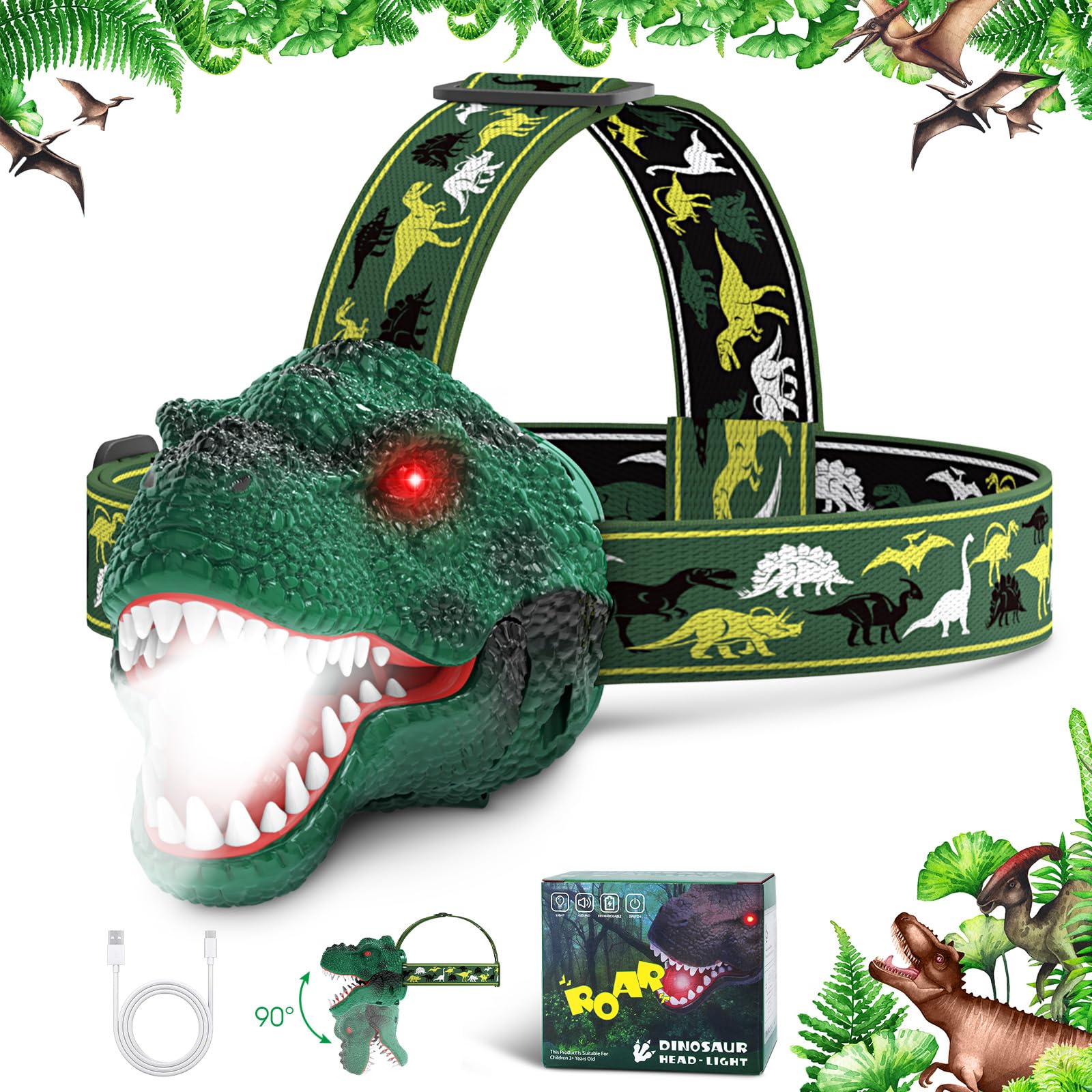 Dysaim Kids Headlamp,Rechargeable T-Rex Dinosaur Headlamp For Kids And Led Head Lamp Camping Gear Flashlight,Hiking Accessories 