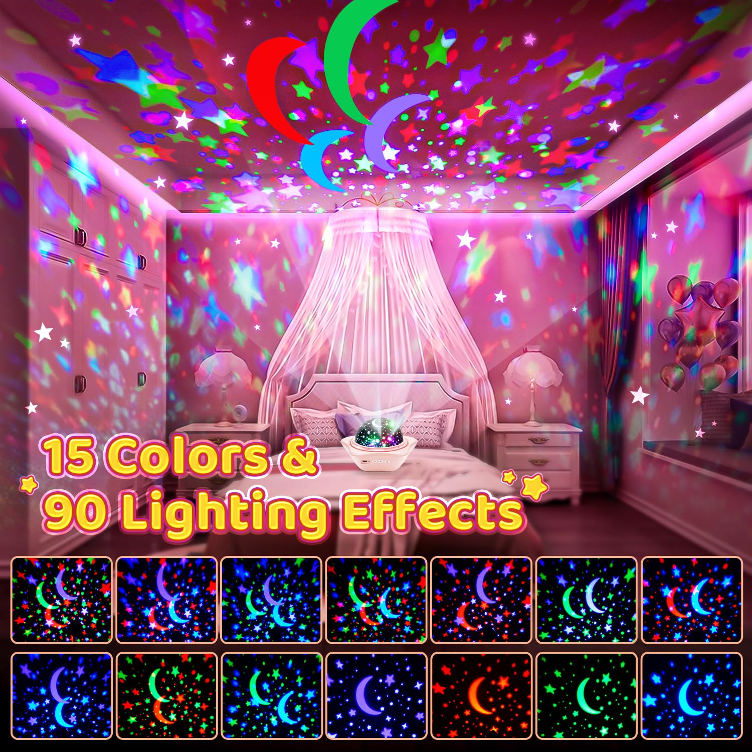 PIKOY Unicorn Night Light for Girls Room Decor, 96 Lights, 360° Rotation, Pink, WH-E07, Ideal Birthday Gift for Ages 3-6