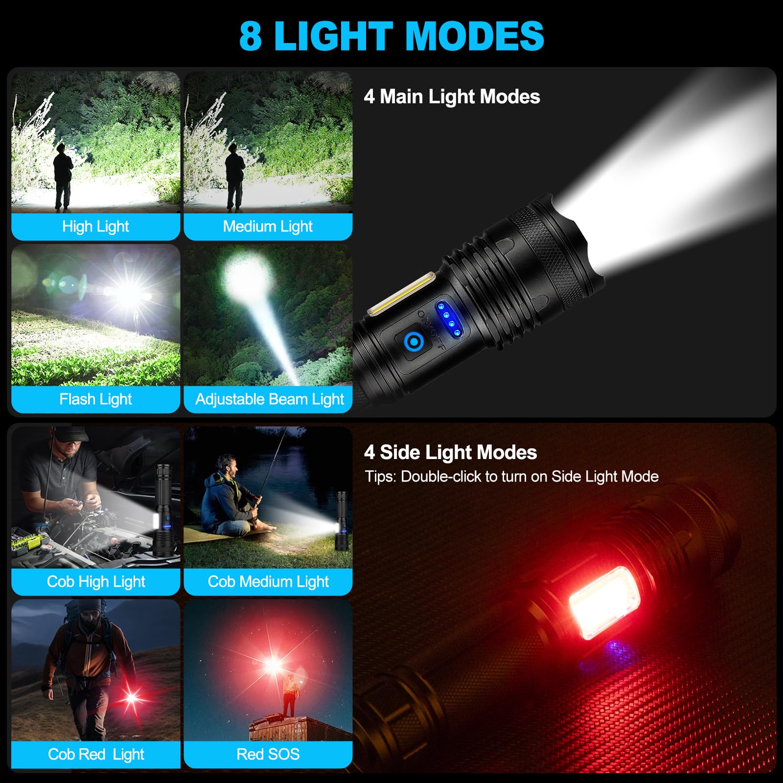 Alicegirl Rechargeable Flashlight 99000LM - Super Bright, Waterproof, Adjustable 8 Modes, Aluminum, Black, Model M111-COB