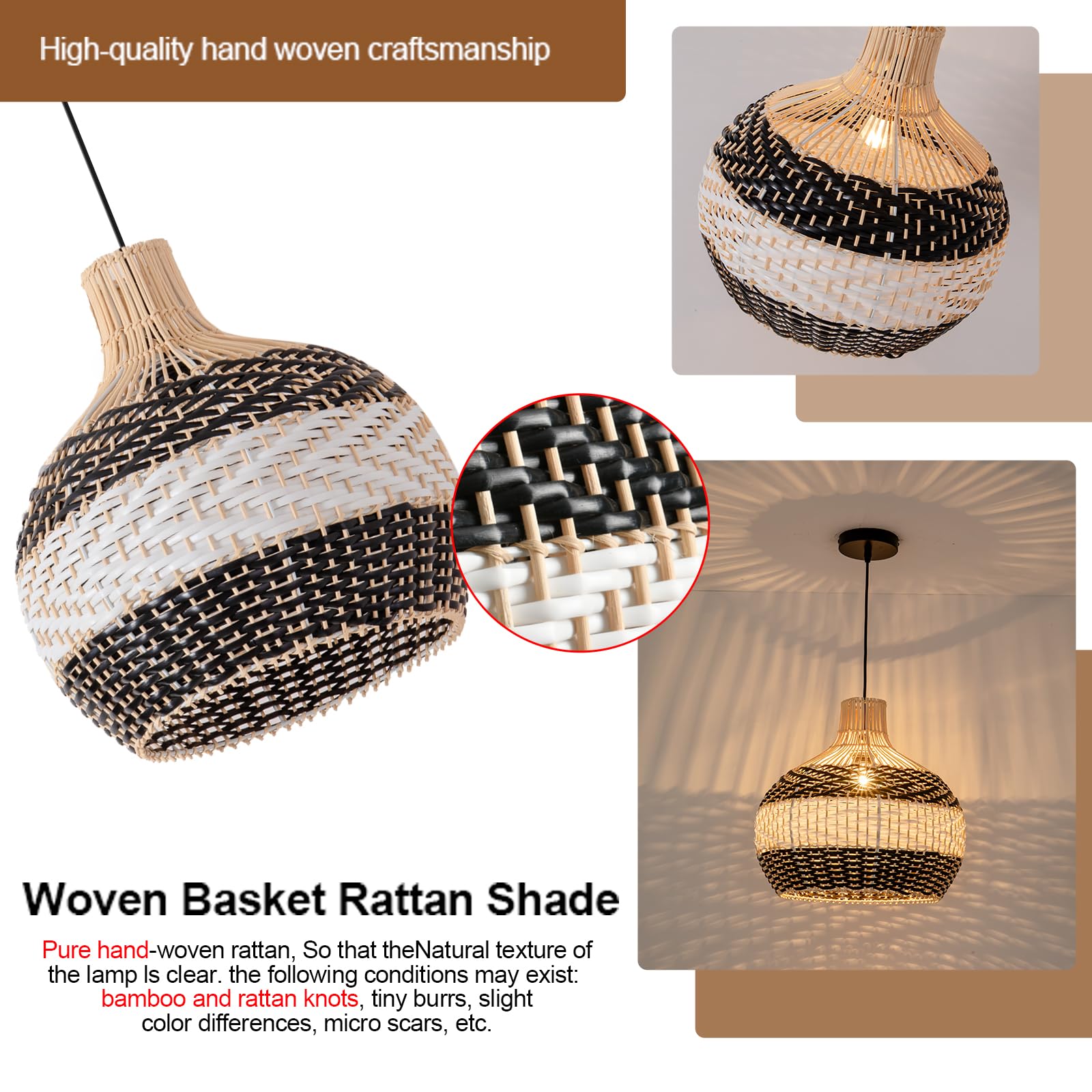 Teru Ji Kaikang 3-Lightrattan Pendant Light,15" Hand-Woven Black White Faux Rattan Hanging Light Boho Basket Wicker Chandelier,For Living Room Bedroom Kitchen Dining Hallway