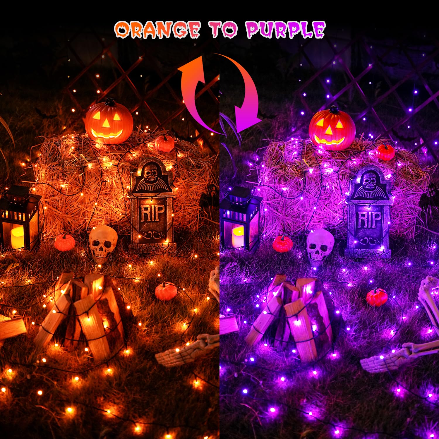 JMEXSUSS Christmas String Lights, 500 LED Color Changing, 173ft, Waterproof, Orange & Purple, 11 Modes, Model EXS-S-0500-R