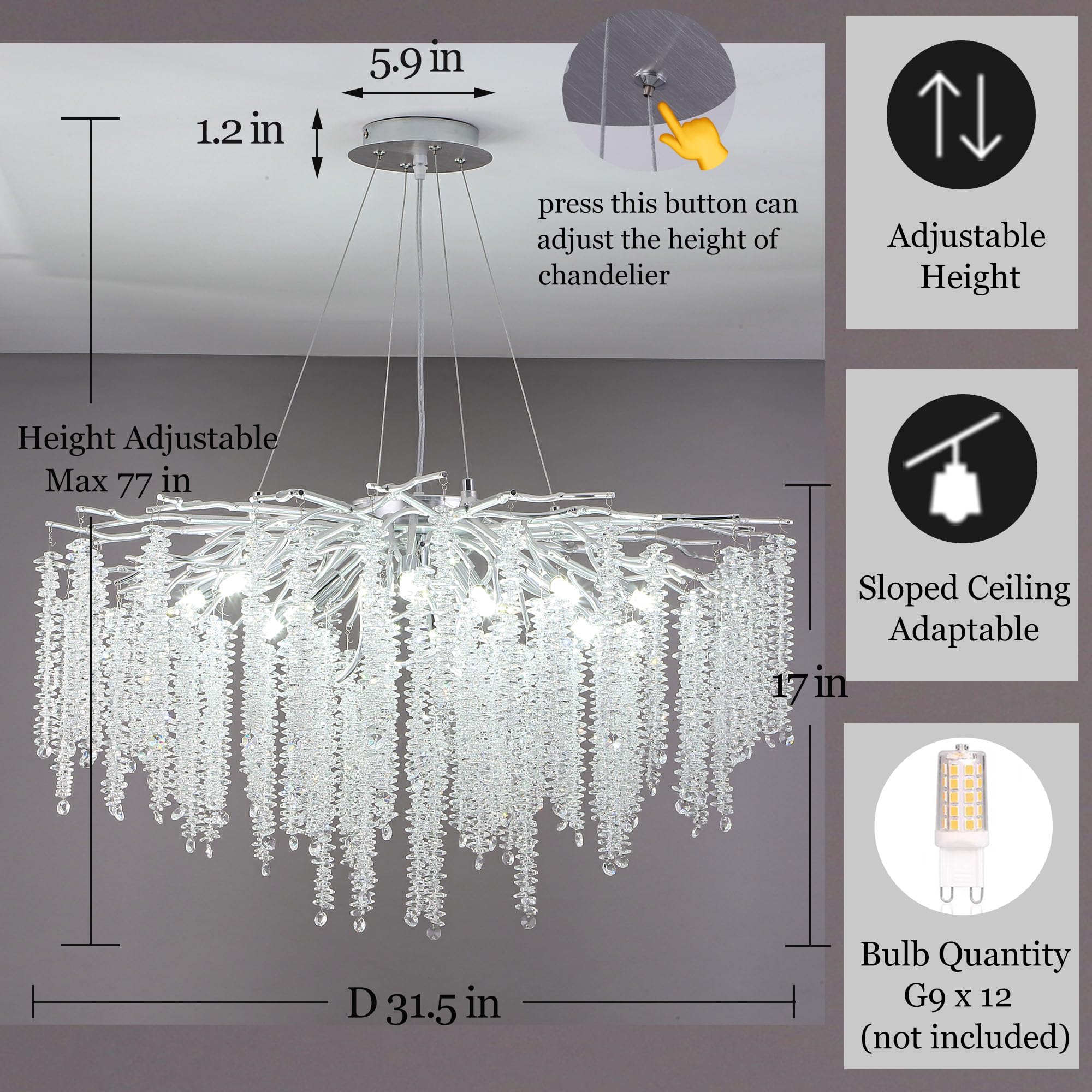 Upfelw Crystal Tree Branch Chandelier Silver D31.5, Modern Art Deco Large Raindrop Branch Chandelier Lighting Fixture For Living
