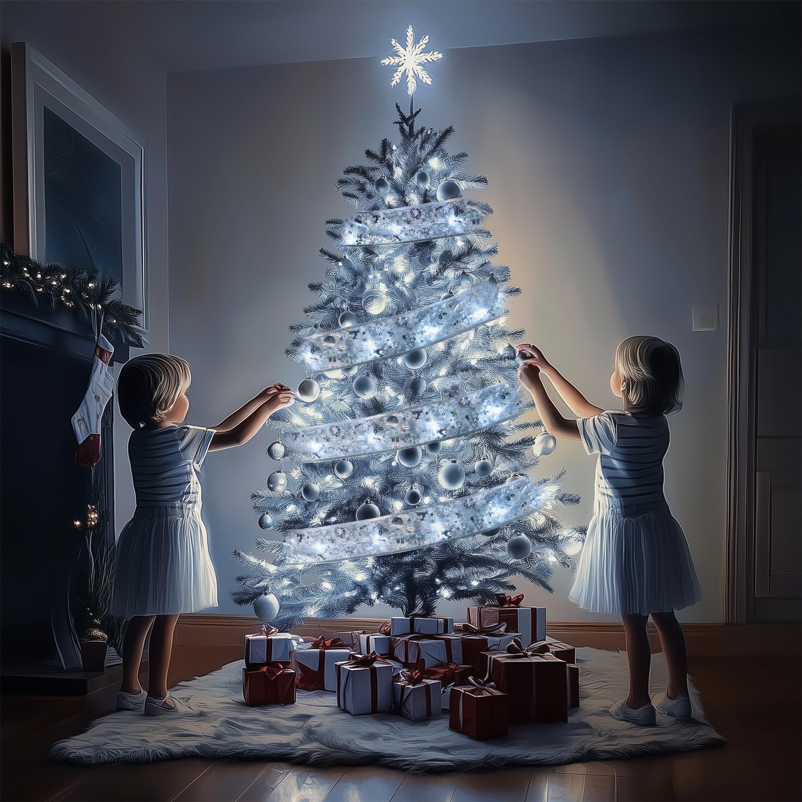 Dailyart Christmas Tree Ribbon Lights, 100 LED Fairy Lights, 46FT, Cool White, Battery Operated & USB Powered, 8 Modes, Model 52
