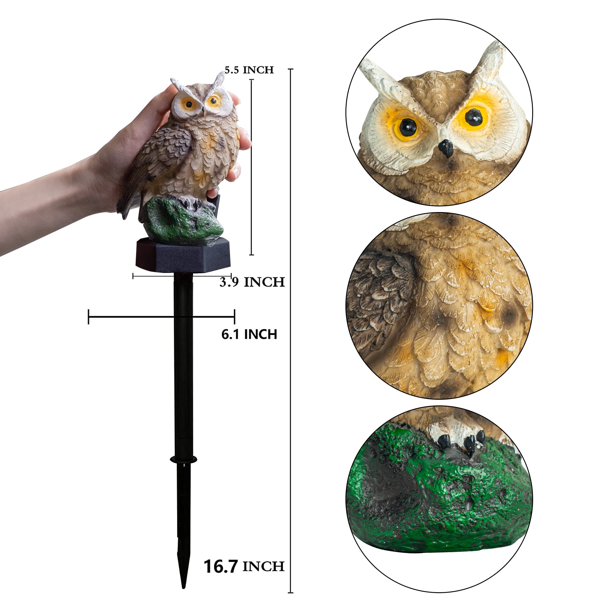 Dazzle Bright Owl Solar LED Lights, Brown Resin Garden Decor, Waterproof Outdoor 2 Pack
