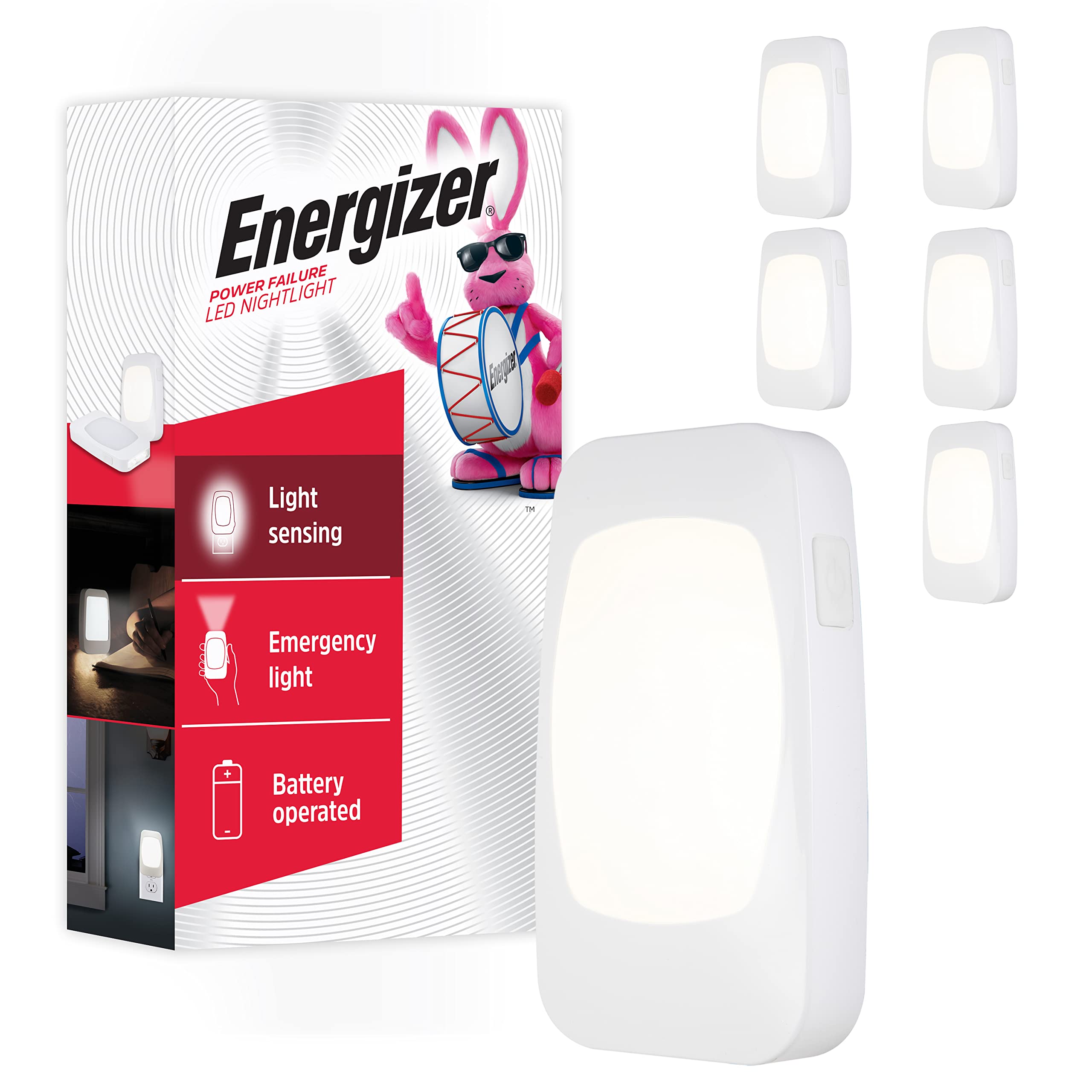 Energizer 4-in-1 LED Power Failure Night Light, 6 Pack, Plug-in, Light Sensing, Auto On/Off, Foldable Plug, Soft White, Emergenc