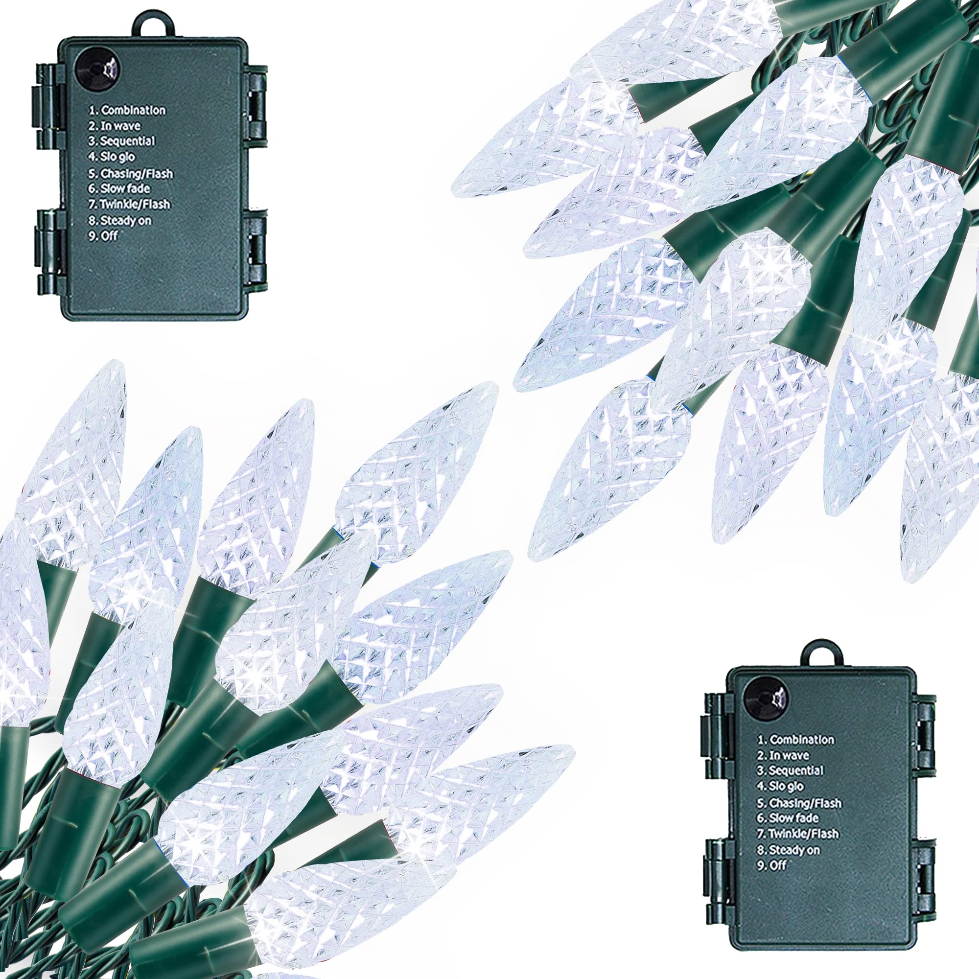 Dazzle Bright C6 2 Pack Total 100LED 34FT Battery Operated Christmas Lights, White Christmas Lights with 8 Modes, Waterproof Chr