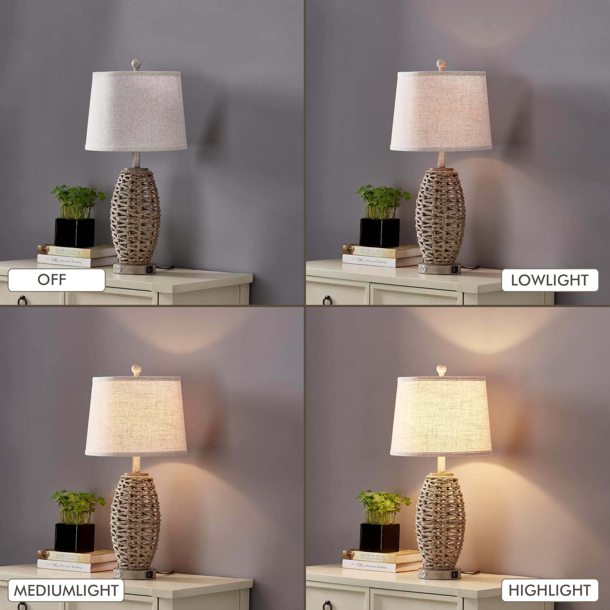Generic 27in Natural Rattan Table Lamps Set of 2, 3-Way Dimmable, USB Charging Ports, Oatmeal Lampshade, Model HT23T0816