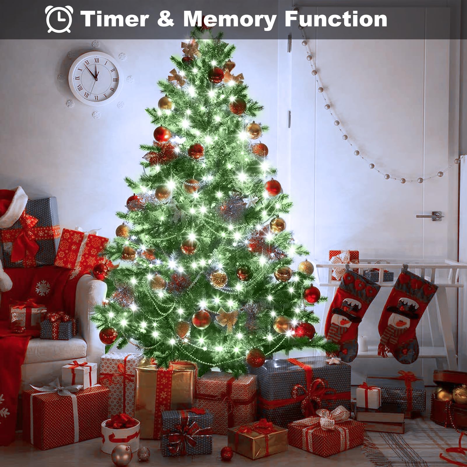 4 Pack Battery Operated Christmas Tree Lights,16.5 Ft Battery Powered String Lights With Auto Timer 8 Modes,50 Led Wreath String Lights For Indoor Outdoor Xmas Tree Party Decoration(Cool White )