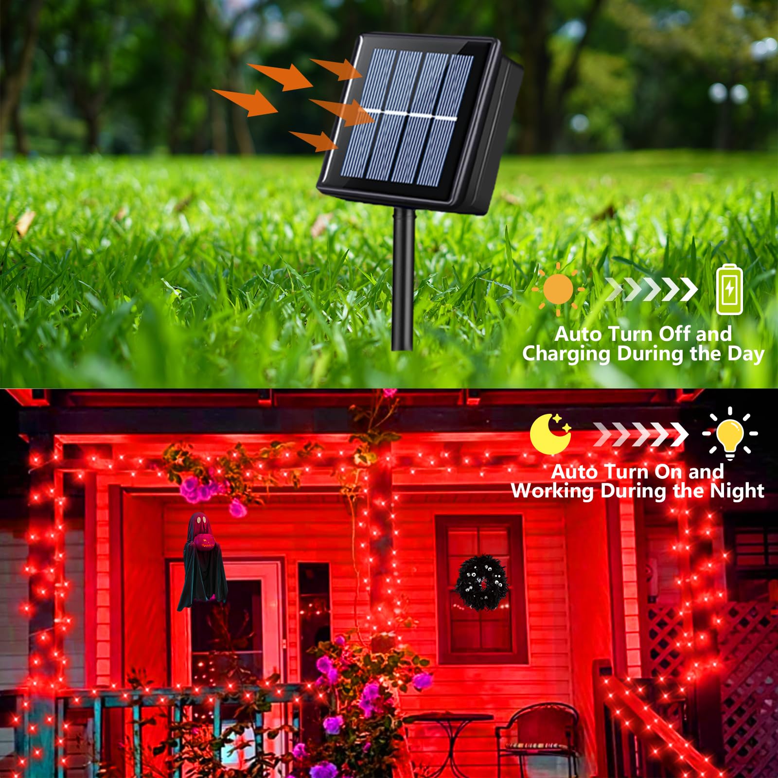 QITONG Red Solar Christmas Lights, 200 LED Waterproof String Lights, 66ft, 2 Pack, Green Wire, 8 Modes