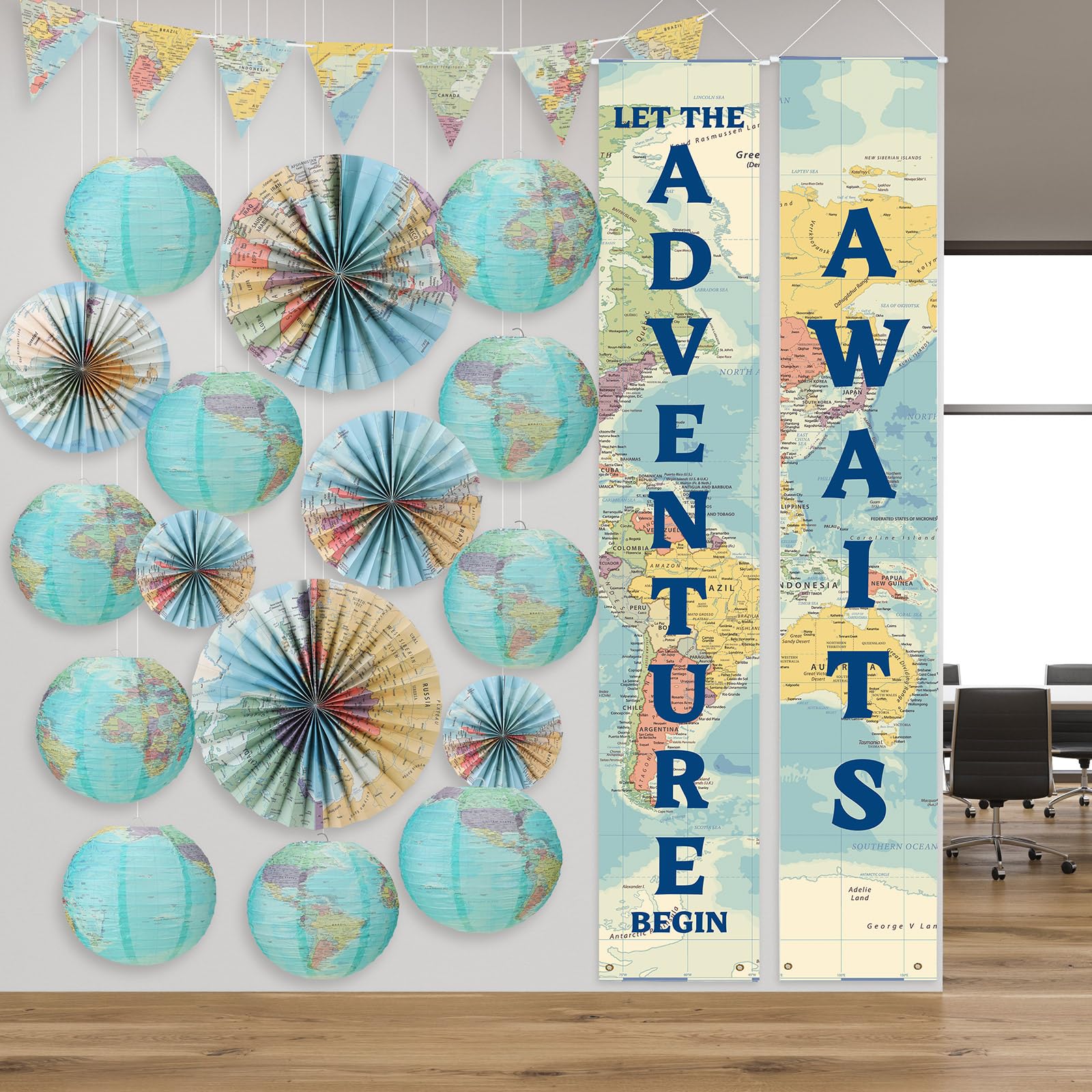 20 Pcs Globe Map Classroom Decorations Travel Party Decors Hanging Paper Lantern Fans Adventure Awaits Bulletin Board Around The