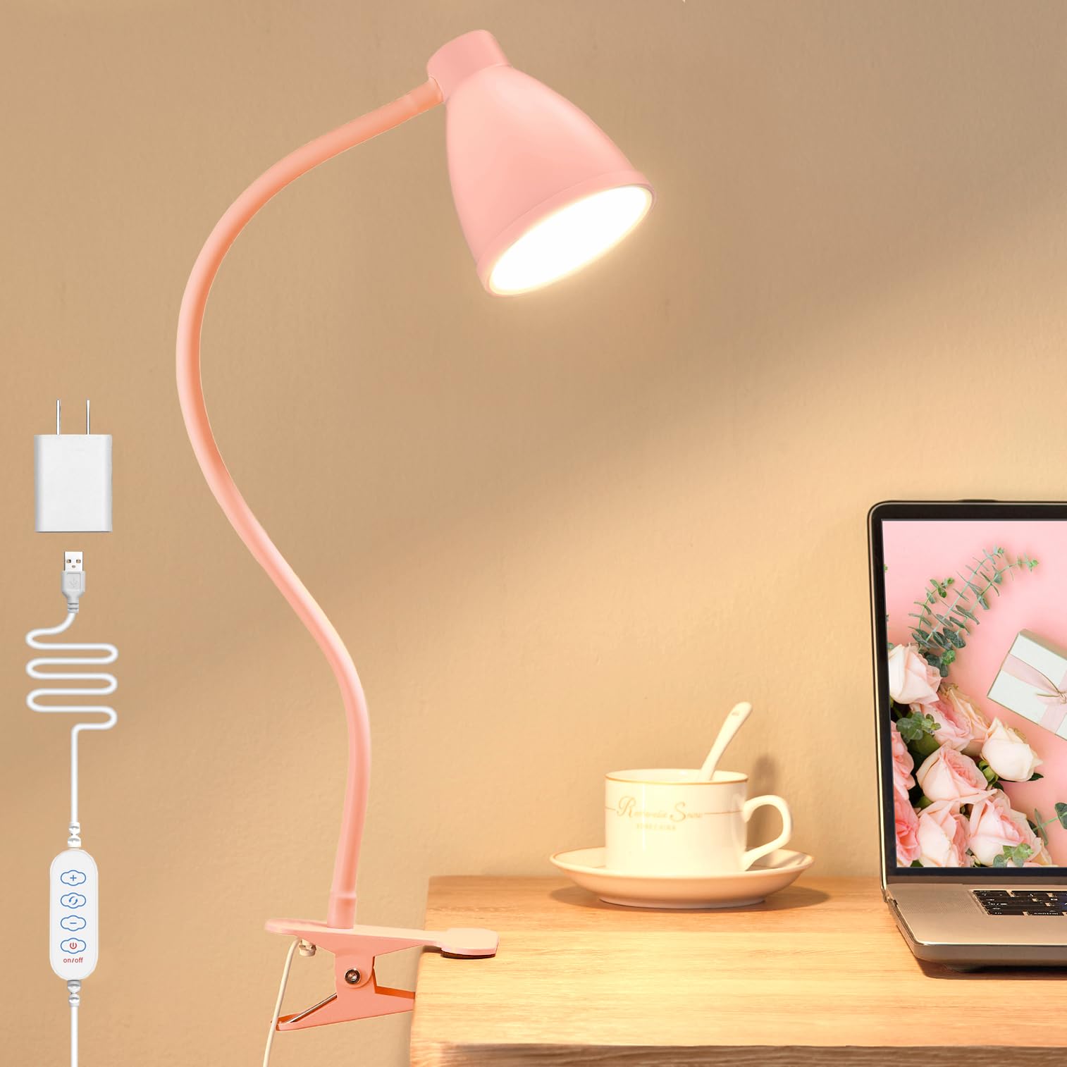BOHON Cute Desk Lamp, 10W LED Clip On Light, 3 Colors, 10 Brightness Levels, Gooseneck Design, Pink, Model CDL10WP