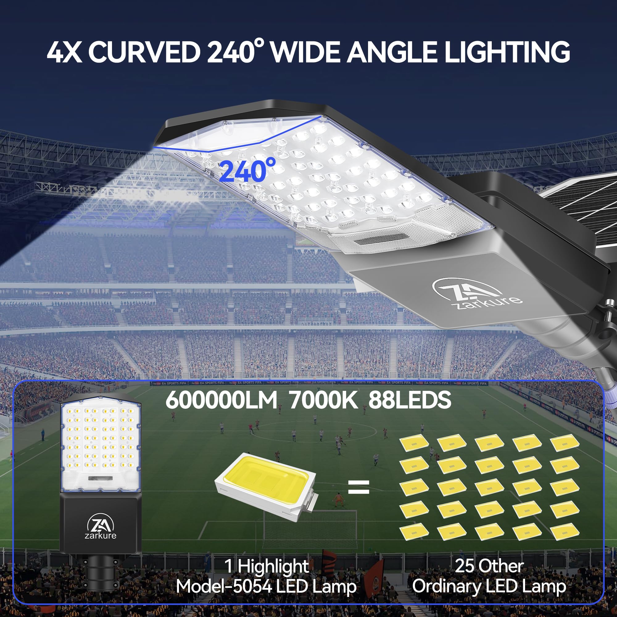 ZARKURE 5000W Solar Street Light, 7000K, 450000LM, IP67 Waterproof, 40000mAh, Black, Model LD003, Remote Control for Outdoor
