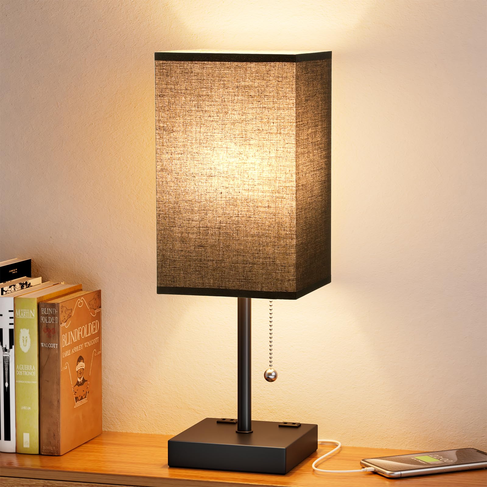 Aooshine Black Medium Table Lamp With Usb Ports - 3 Color Temperature Bedside Lamp For Bedroom, Pull Chain Control, Usb A And C 