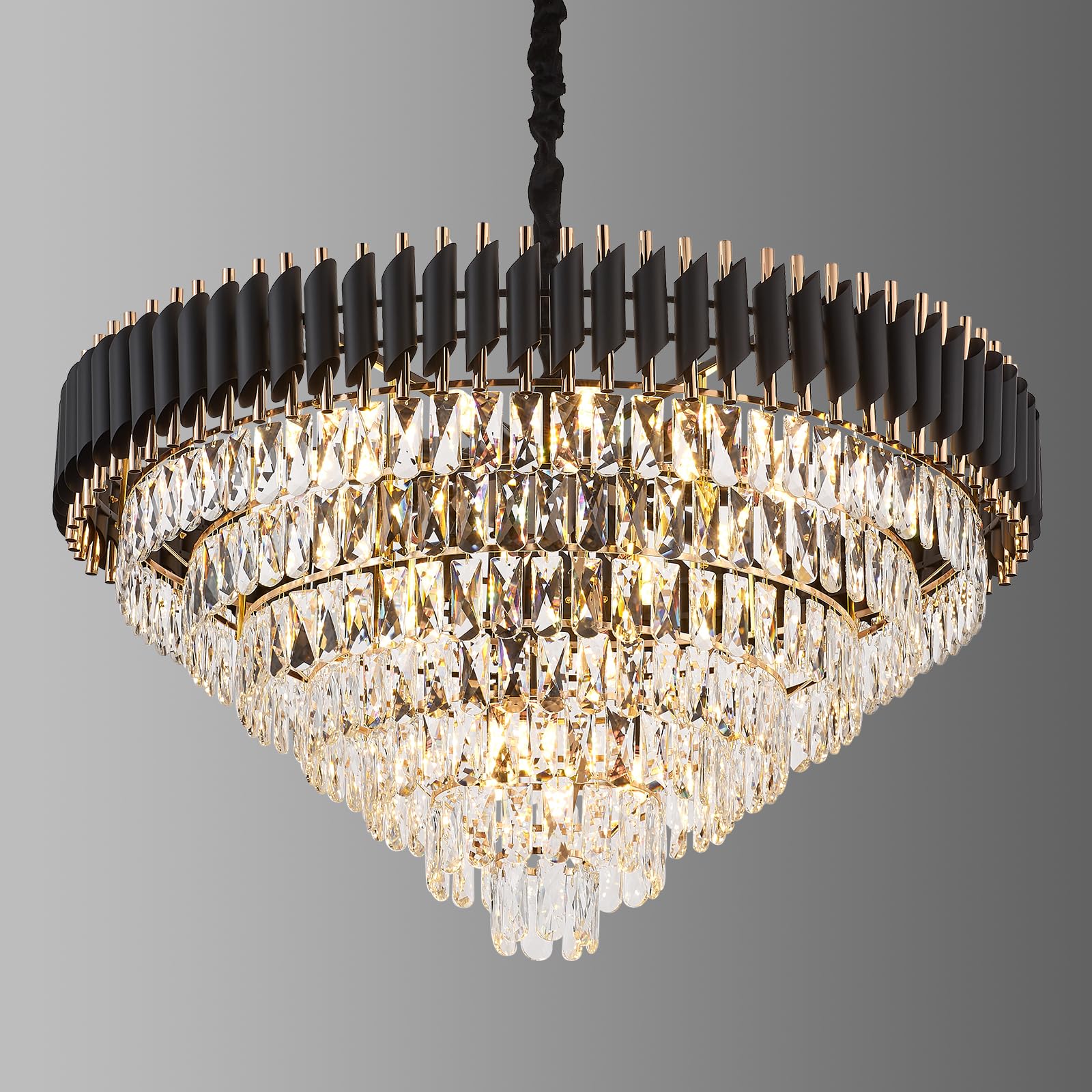 Brfaixla 7-Tier Black Gold Crystal Chandelier 35.5 18-Light Modern Crystal Pendant Chandelier Ceiling Light Fixture Hanging Lighting For Living Room Villa Restaurant Foyer High Ceiling