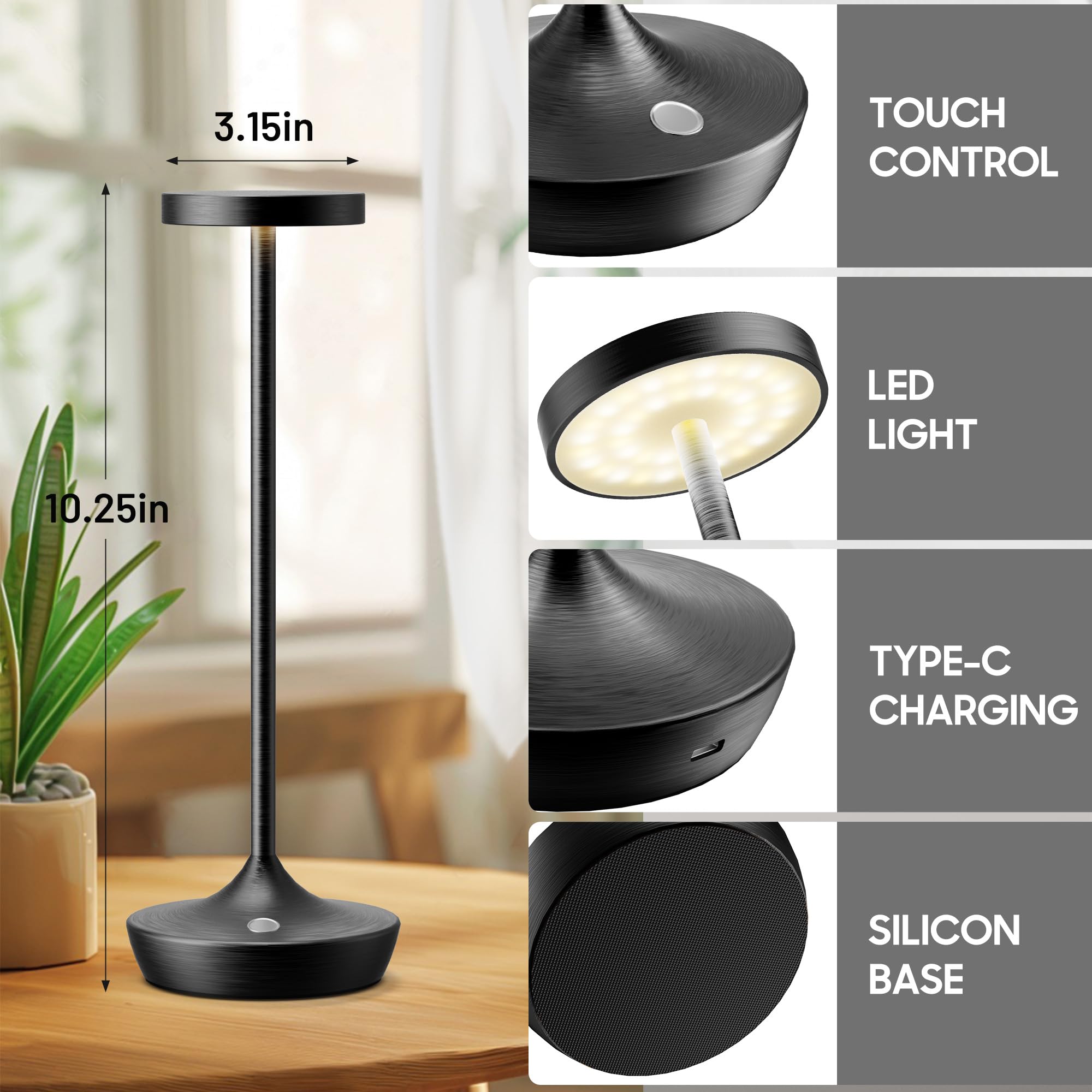 Sikevht Cordless Table Lamp, Rechargeable Battery Operated Led Desk Lamp, 3-Color Stepless Dimming, Portable & Waterproof, For R
