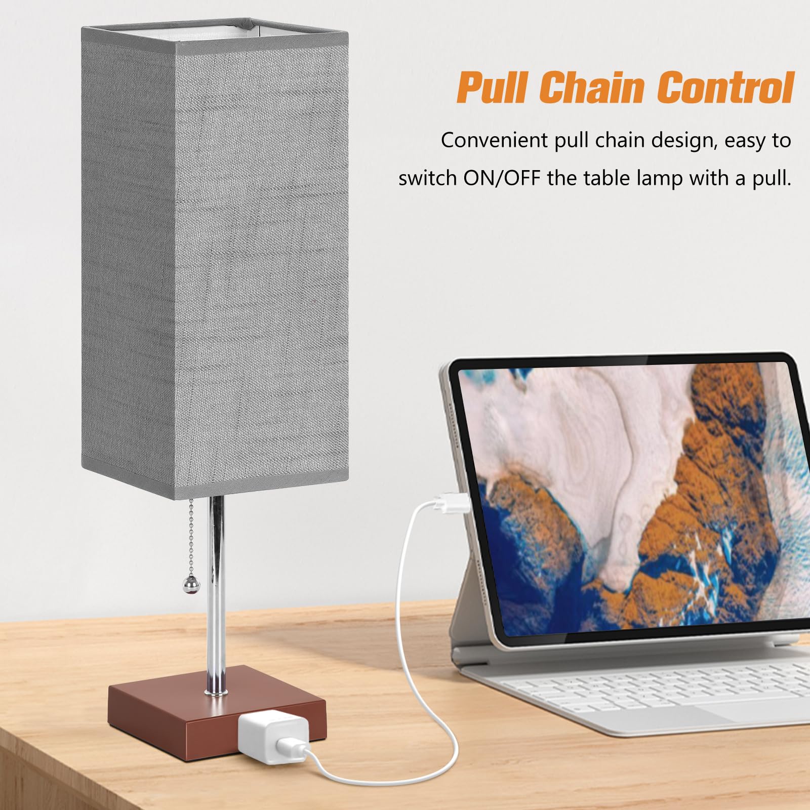 PLMMY Table Lamp Set of 2, 18 Inch Gray Shade-Brown Base, 3 Color Temperatures, AC Outlet, Model RD-PTL6W-022