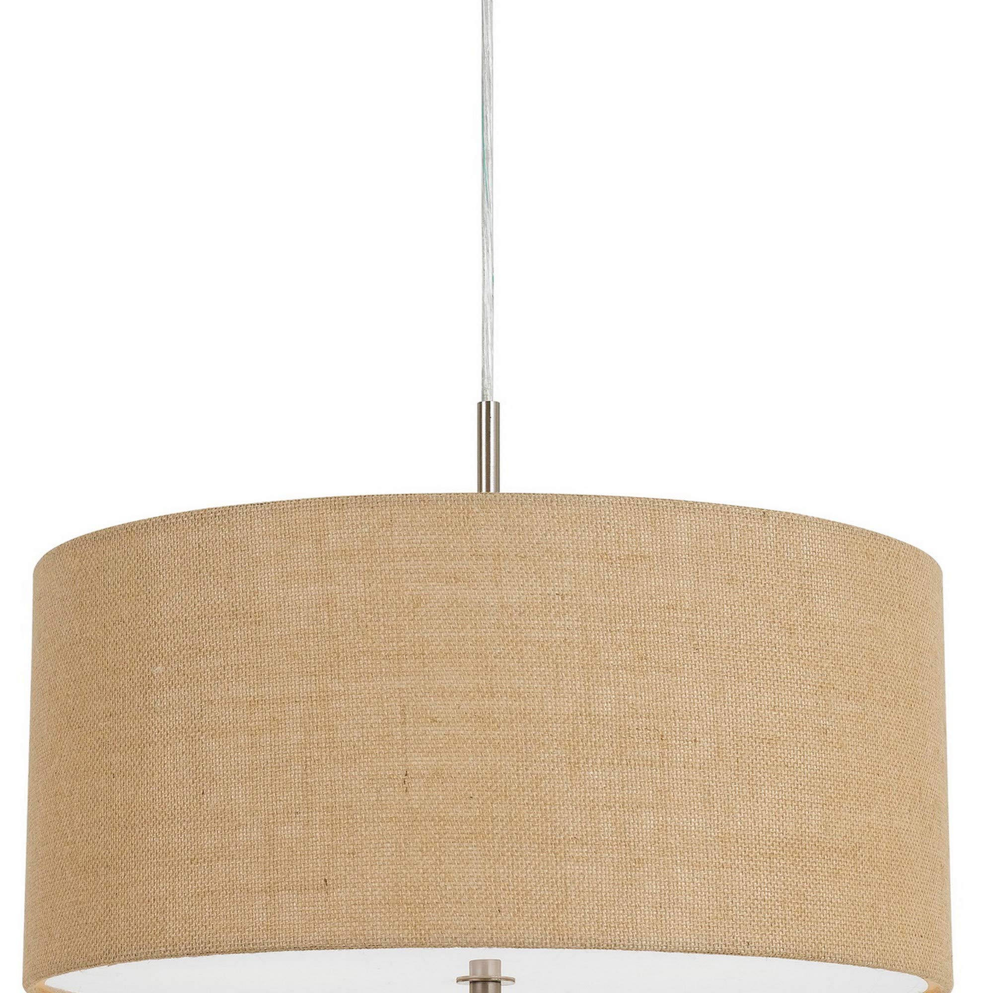 Benjara Metal Pendant Lighting With Fabric Circular Drum Shade And Cord, Beige