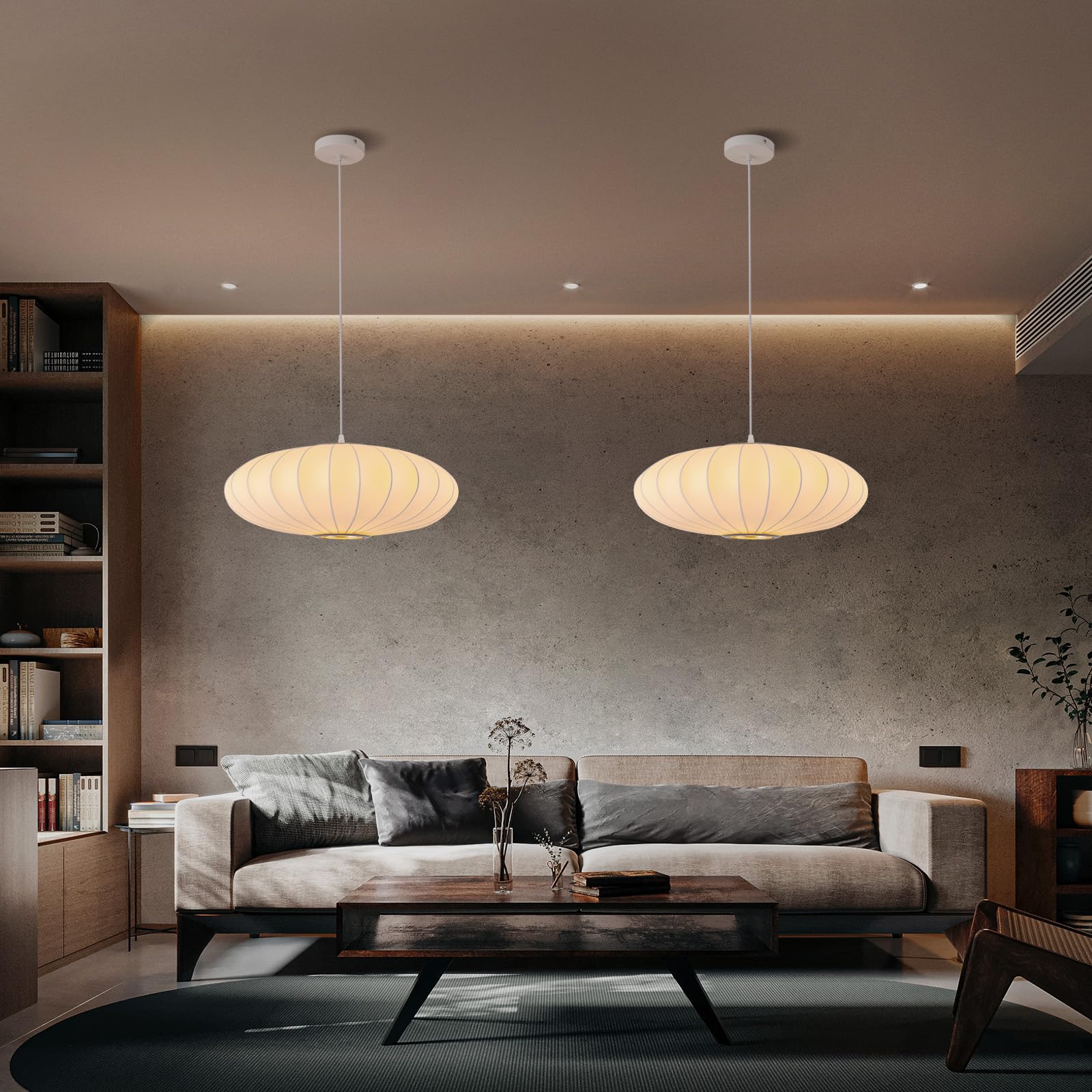 Fivemengo 20 Inch White Lantern Pendant Light, Silk Lampshade, Metal Chandelier for Living Room, Kitchen, Cafe