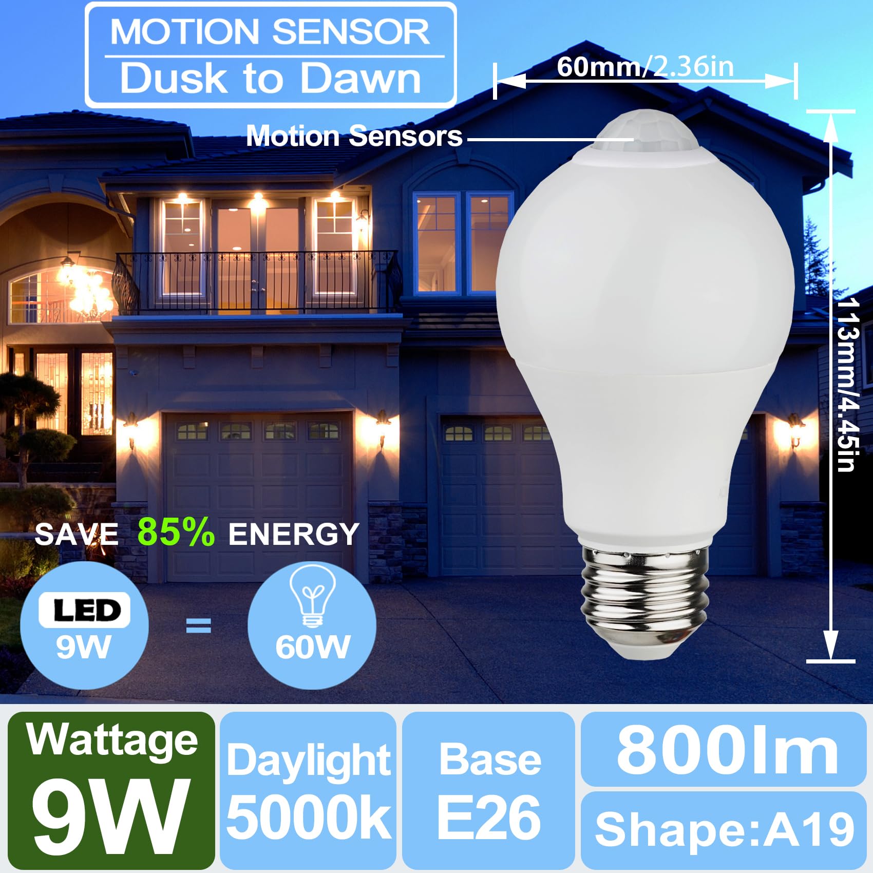 Ciciny Motion Sensor Light Bulbs- 9W(60-Watt Equivalent), E26 5000K Daylight A19 800Lm Outdoor/Indoor, Dusk To Dawn Security Lig