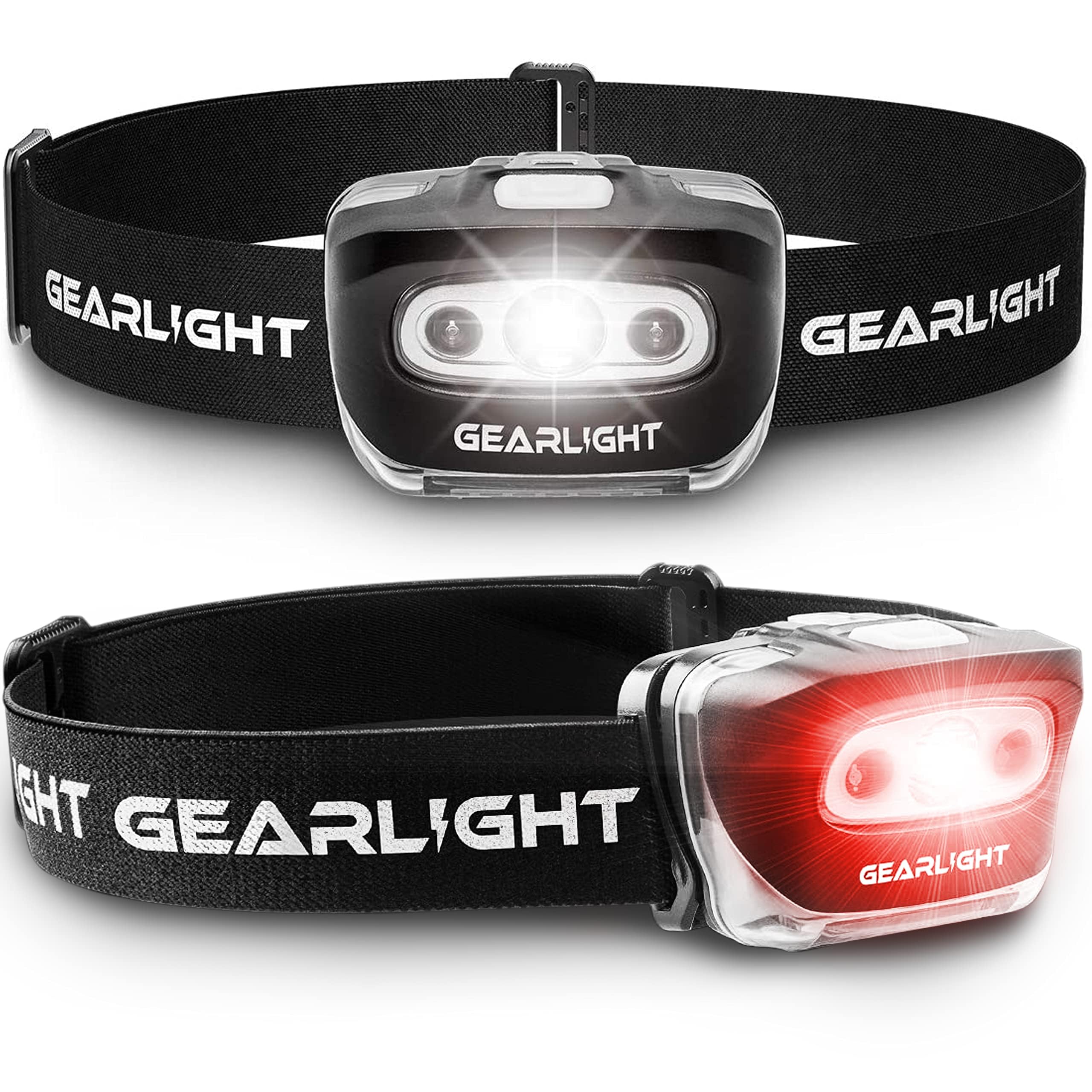 GearLight LED Headlamp 2 Pack - Battery Powered, Adjustable Headband, 7 Modes, Lightweight, Black, Model GL-LHS500-2P