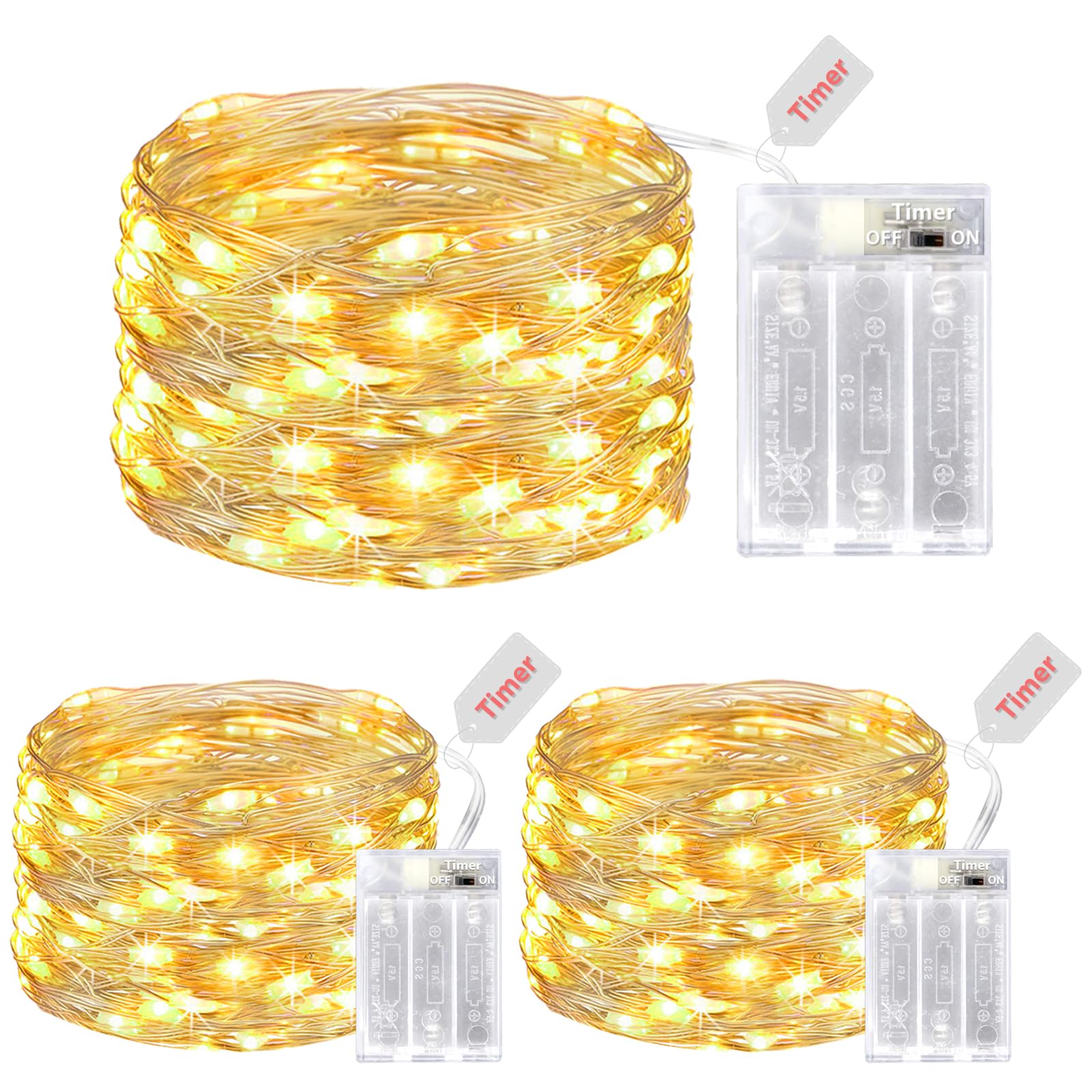 kolpop Fairy Lights 50 LED 16FT Battery Operated with Timer, Warm White, 3 Packs, Silver Wire