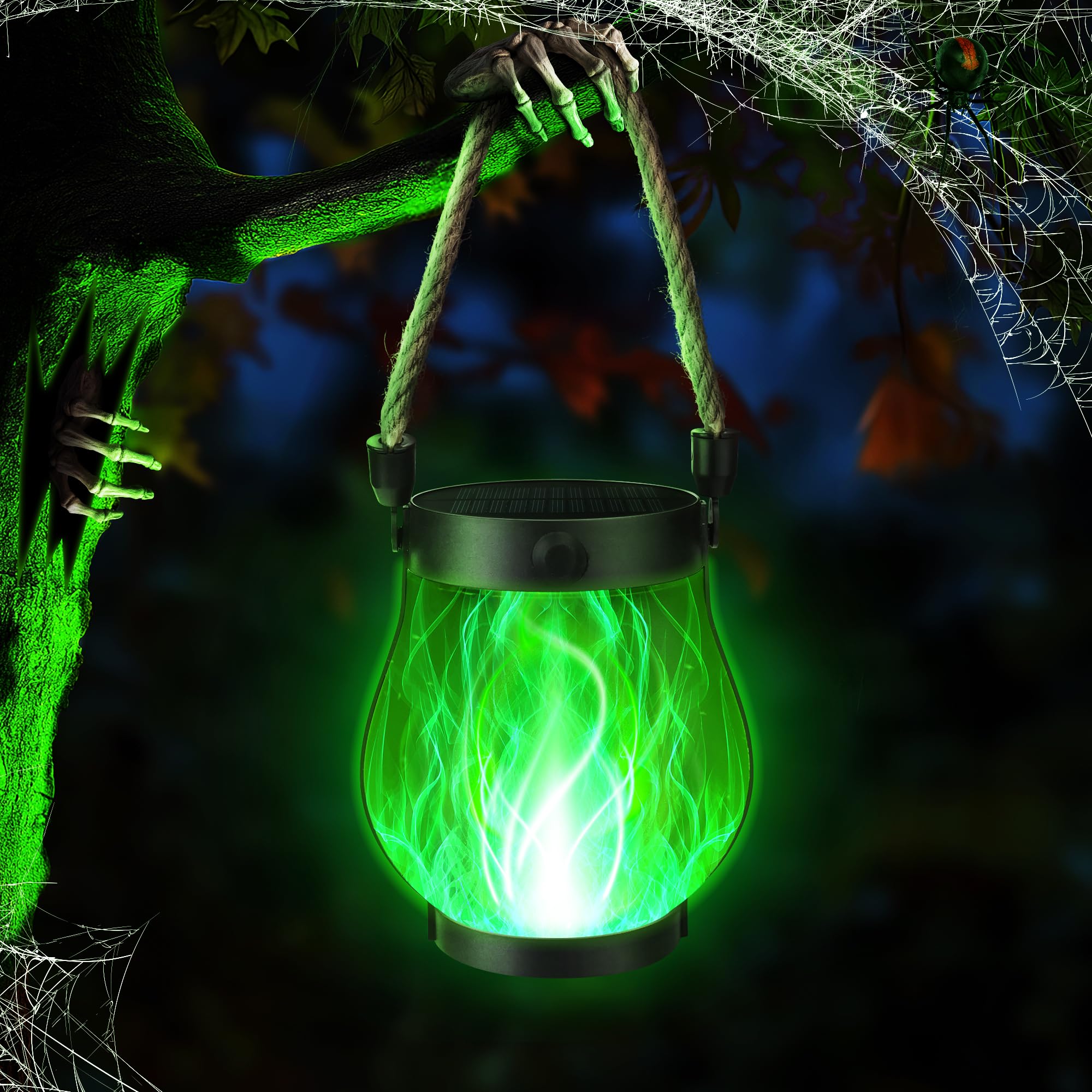 Ibaycon 1 Pack Solar Lanterns Lights  Halloween Flickering Flame Garden Lights With 2 Modes Dual Charging Usb & Solar  Outdoor Waterproof Hanging Lantern For Party Holiday Halloween Decor (Green)