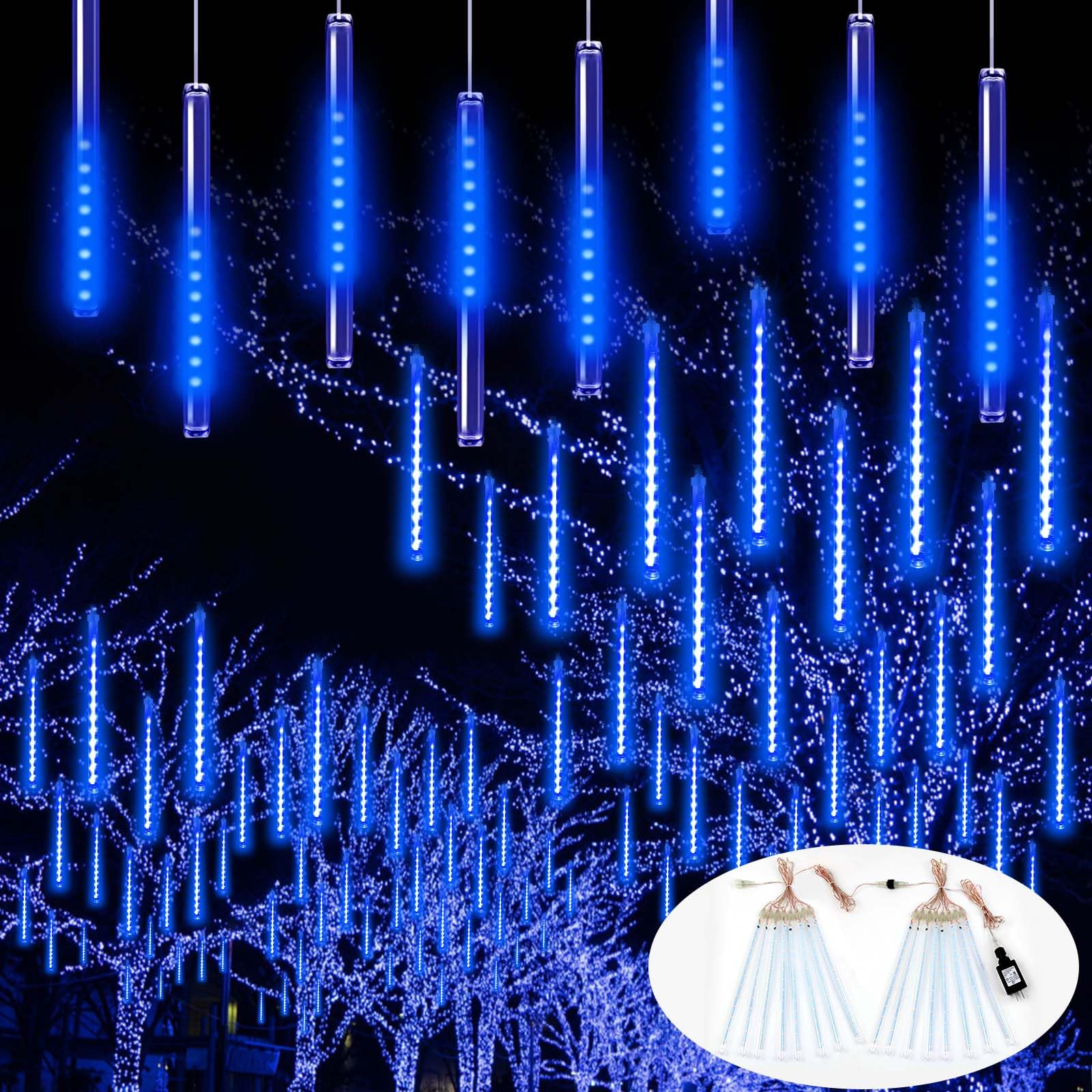 YIQU Christmas Lights Outdoor, 16 Tubes 384 LED Meteor Shower Lights, 2 Pack, Blue, Perfect for Holiday Decorations
