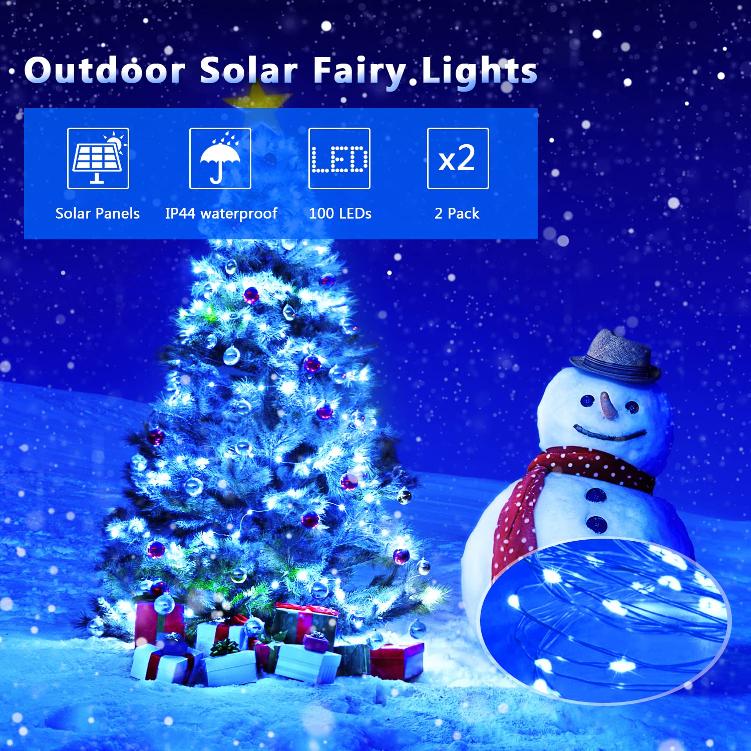 Jmexsuss 2 Pack Blue Solar Christmas Lights, 33Ft 100 Led Solar String Lights Outdoor Waterproof, 8 Modes Copper Wire Mini Solar Fairy Lights For Outside Patio Garden Tree Party Christmas Decorations
