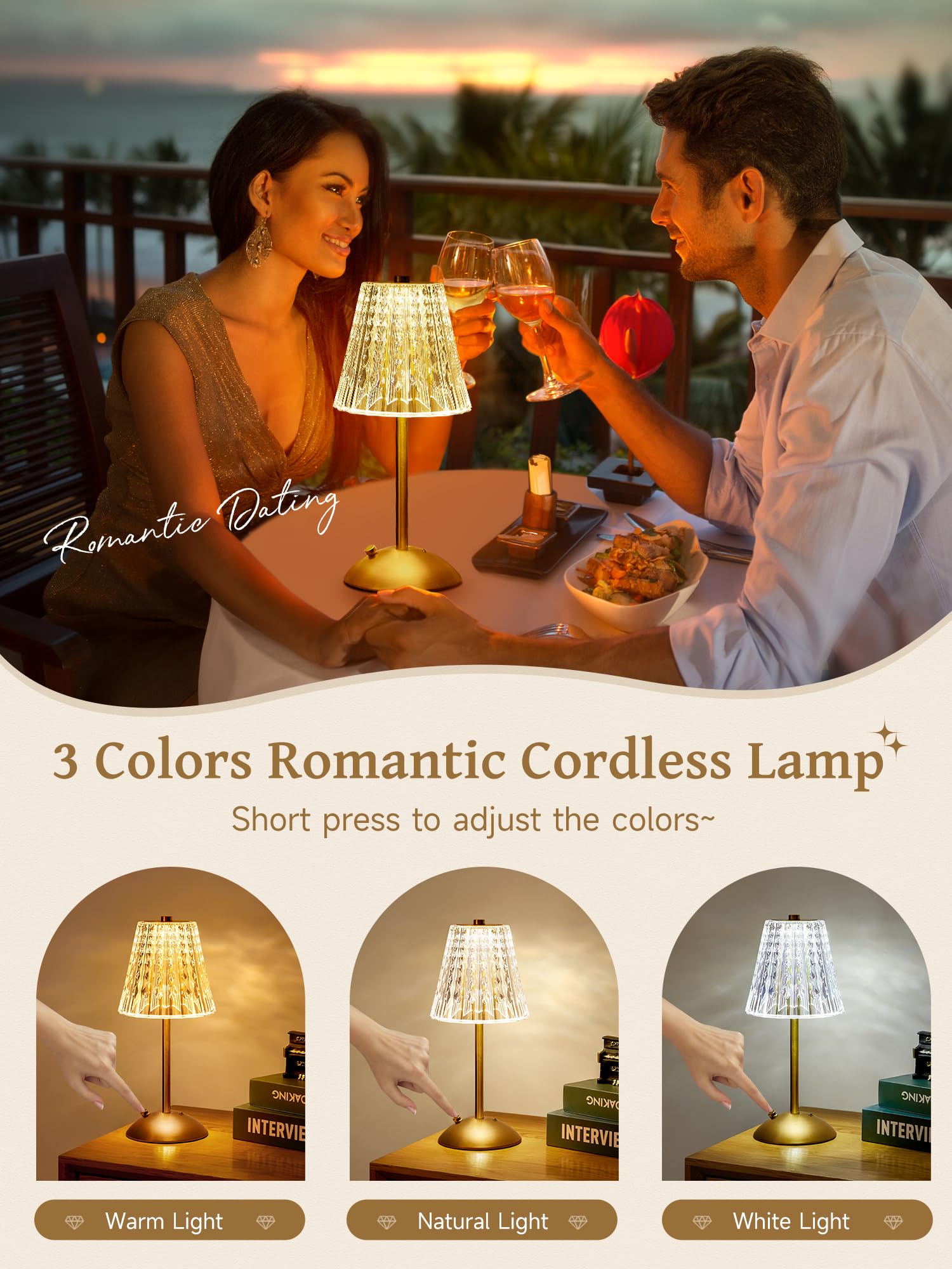 Cordless Lamp, 2000Mah Rechargeable Lamp, Dimmable+3 Colors Touch Lamp Small Lamp, Battery Operated Lamp Cordless Table Lamp, Cr
