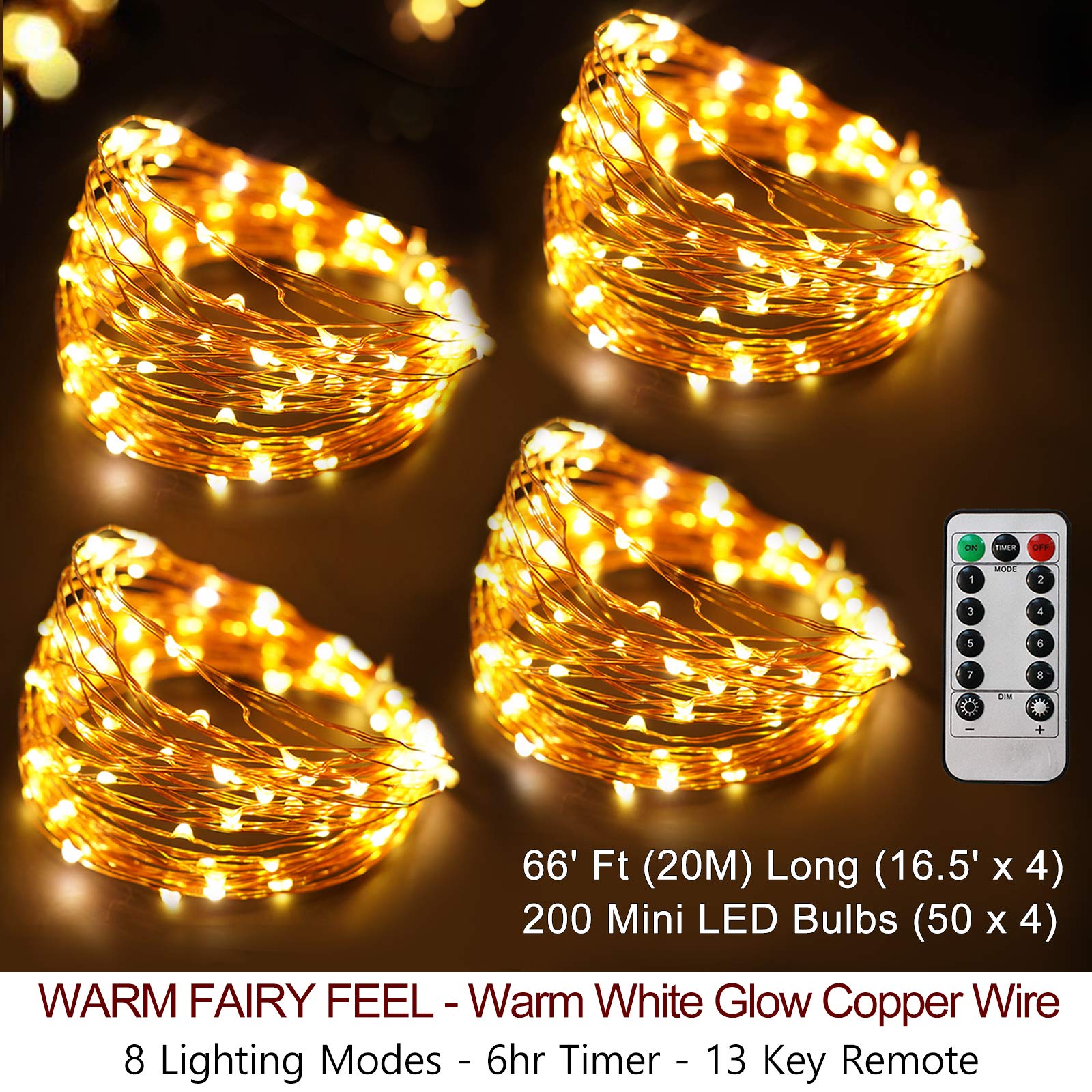 Bright Zeal 66 Ft 200 LED 8 Mode Christmas Fairy Lights Battery Operated with Remote - Warm White Multifunction Christmas Lights