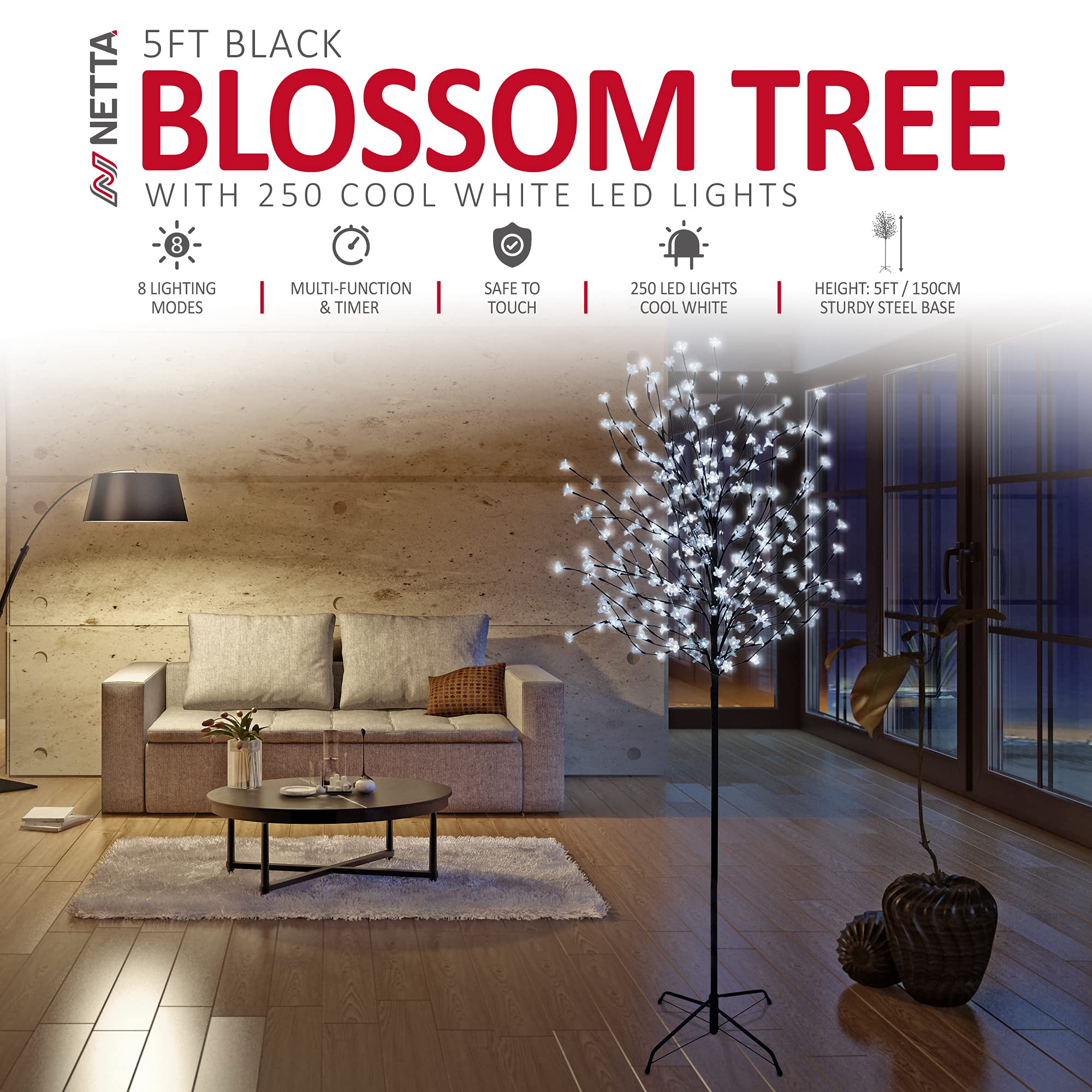 Netta Led Cherry Blossom Tree 5Ft, Pre-Lit 250 Lights, Auto-Off Timer And 8 Functions, Indoor Or Outdoor Use - Cool White