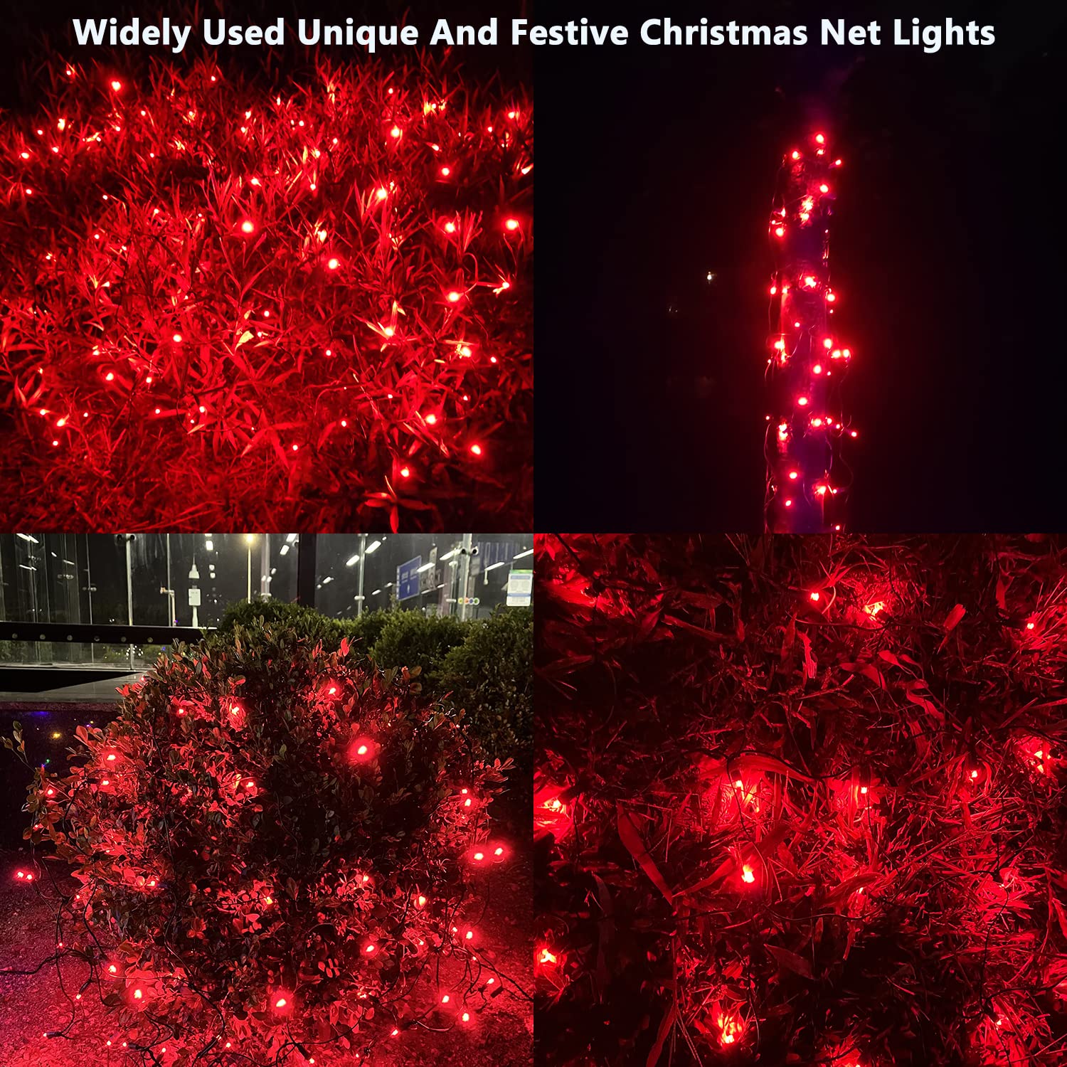 Hishiny Led Red Christmas Net Lights Outdoor,5Ftx5Ft 100Led Green Wire, Connectable Indoor Outdoor Bush Mesh Net Lights String F