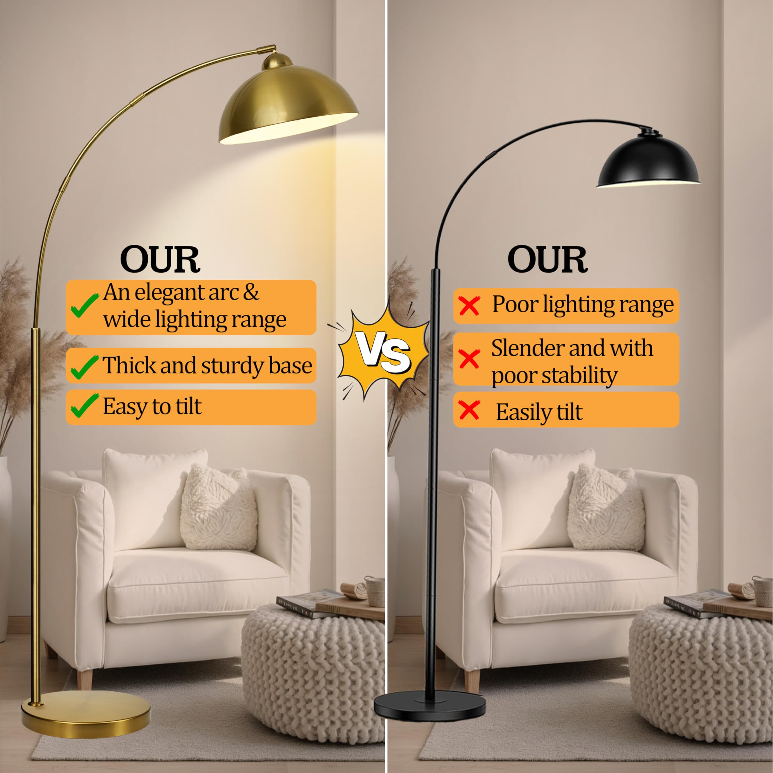 LANICHO Arc Floor Lamp - Modern 13" Gold Metal Reading Light with Remote Control & Dimmable 9W LED Bulb, Model FL0169.XX