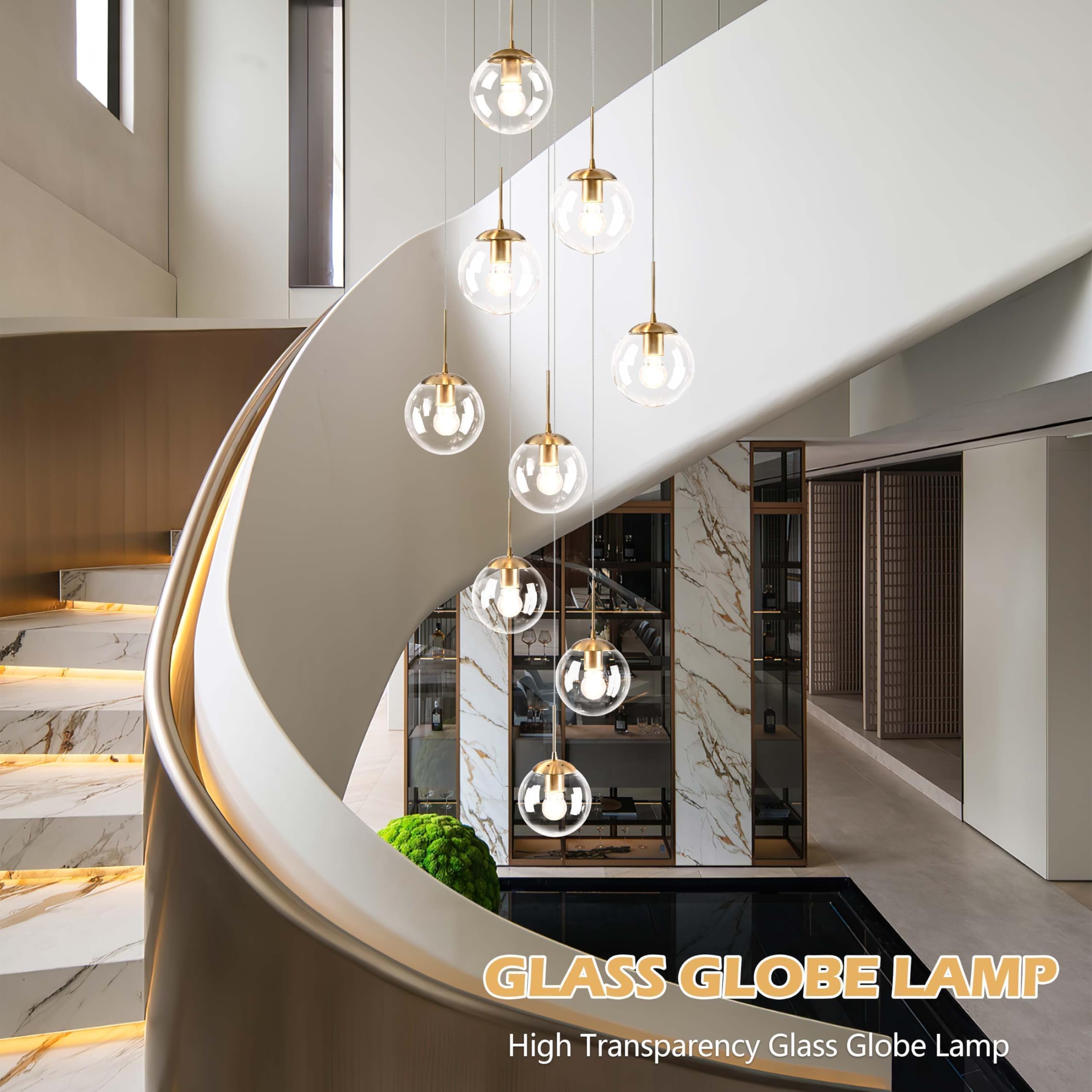 Koko&Yukina 9-Light Globe Glass Pendant Light Adjustable Length Pendant Lights Fixtures Modern Gold Clear Globe Glass Chandelier