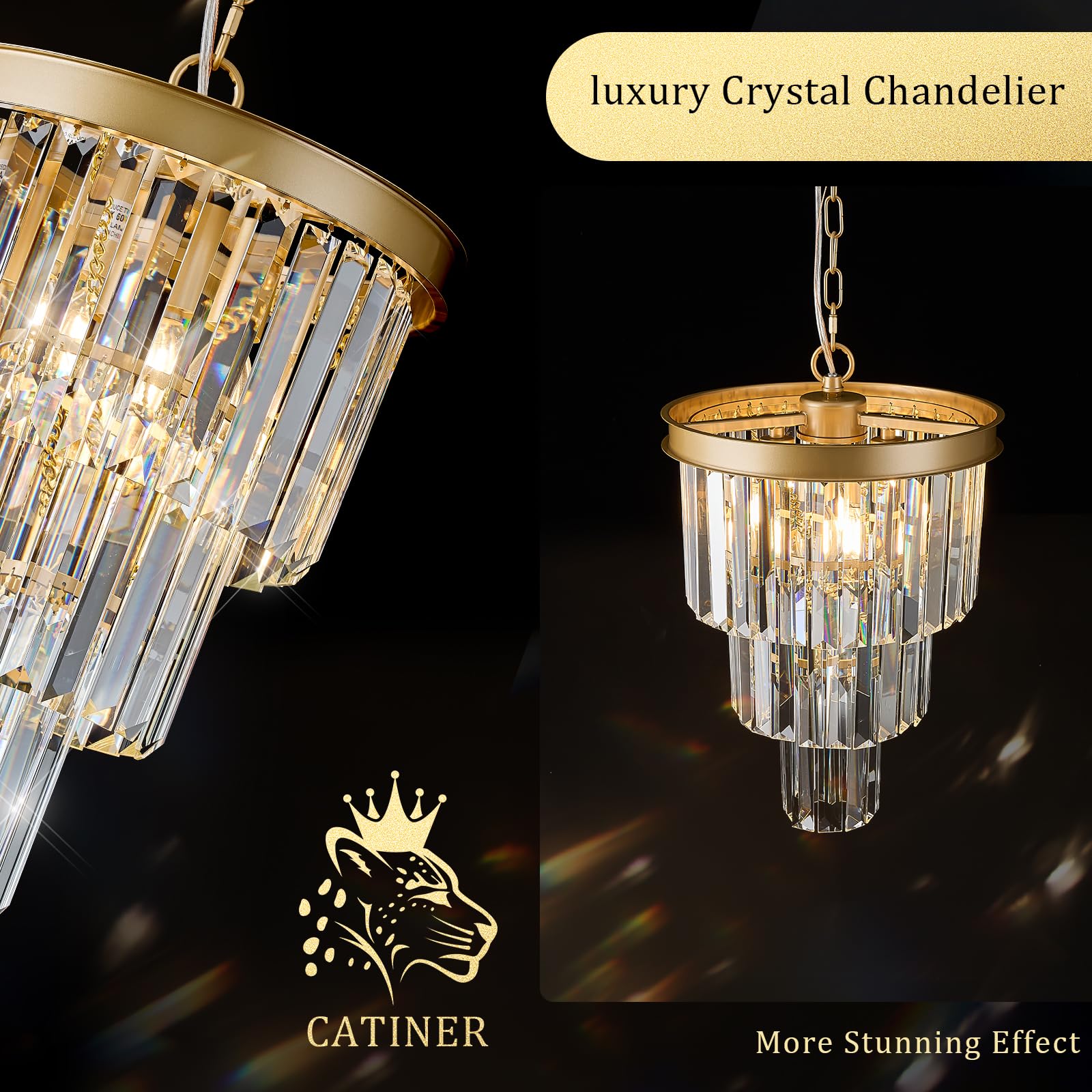 Catiner Modern Crystal Chandeliers,Gold 20    Round Chandeliers For Dining Room 3 Tiers 7 Lights Luxury K9 Crystal Ceiling Penda