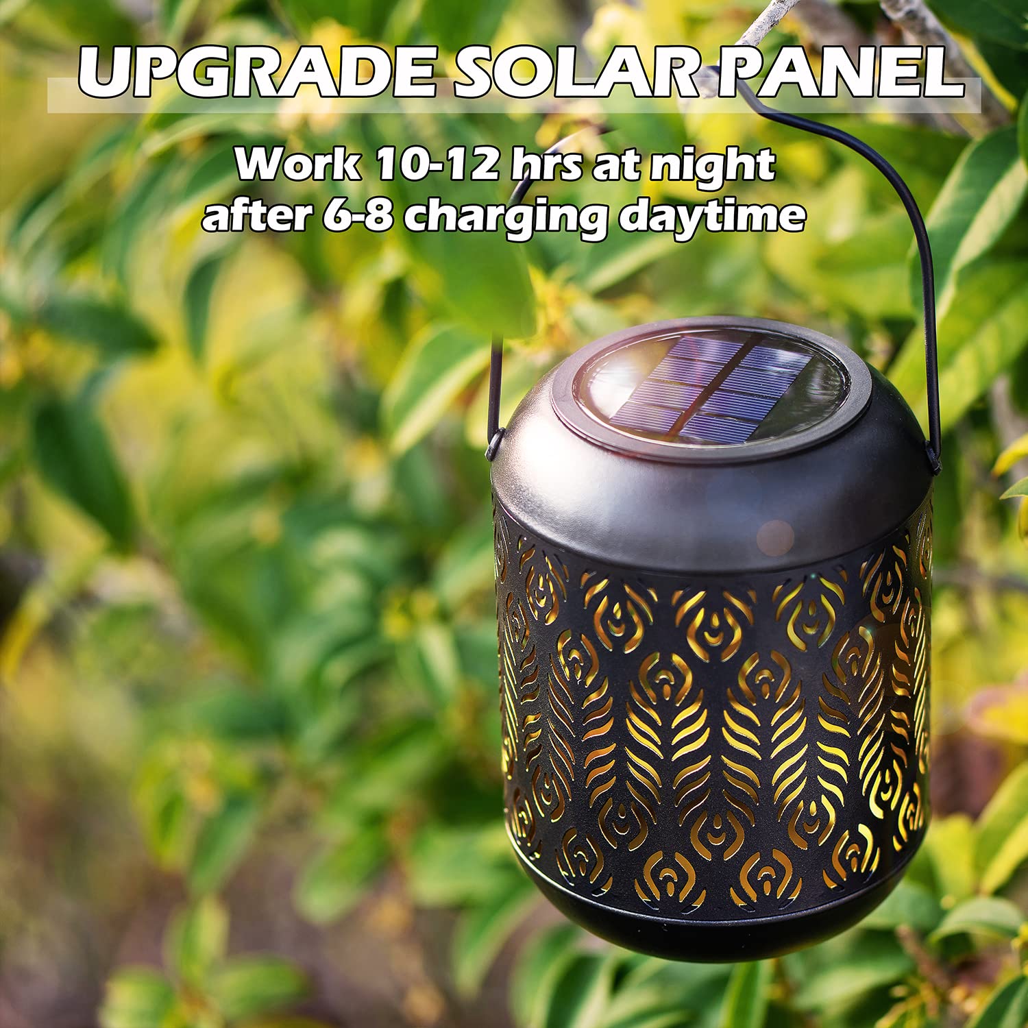 LeiDrail Solar Lanterns, Black Metal Decorative Light, Warm White LED, Waterproof, 2 Pack, Model LD0056