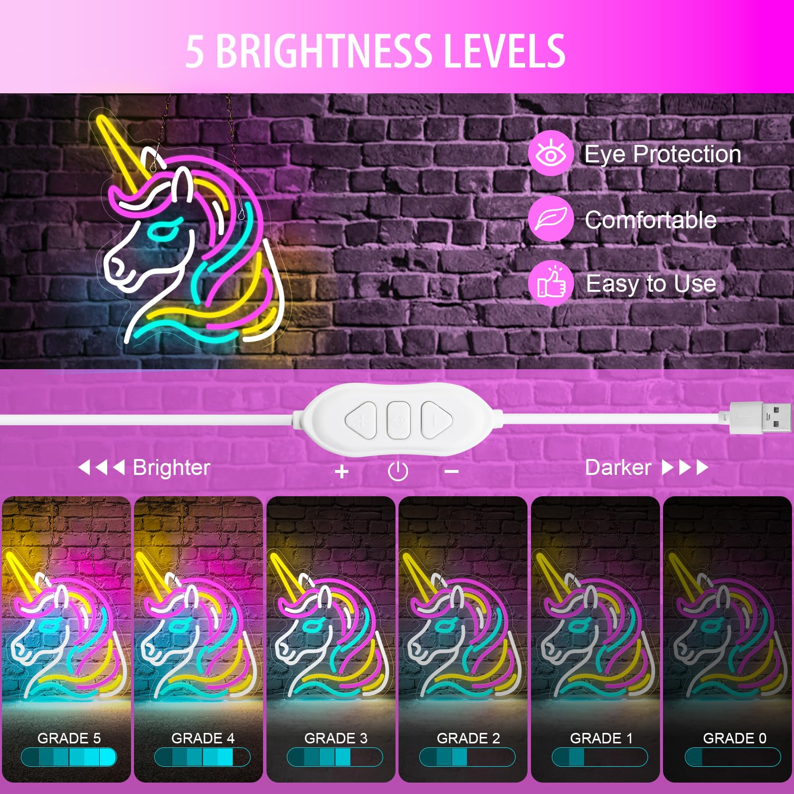 Basaneon Unicorn Neon Sign, Dimmable LED Wall Decor, 13inx12.6in, USB Powered, Acrylic, Colorful for Girls Room, B-Unicorn