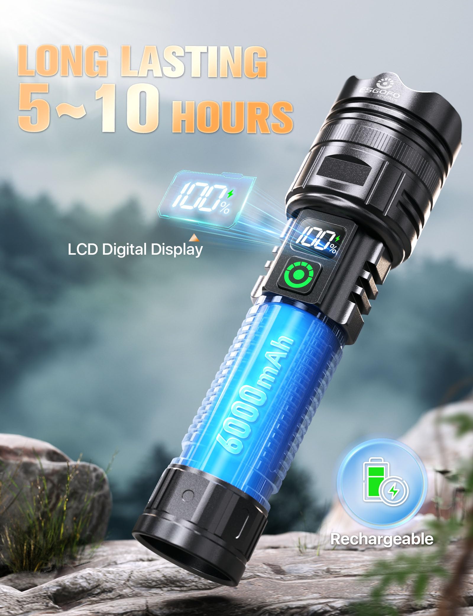 Esgofo Rechargeable Flashlight 2000 Lumens, 2 Modes, 3280FT Range, USB-C, Black, Model EG24A05