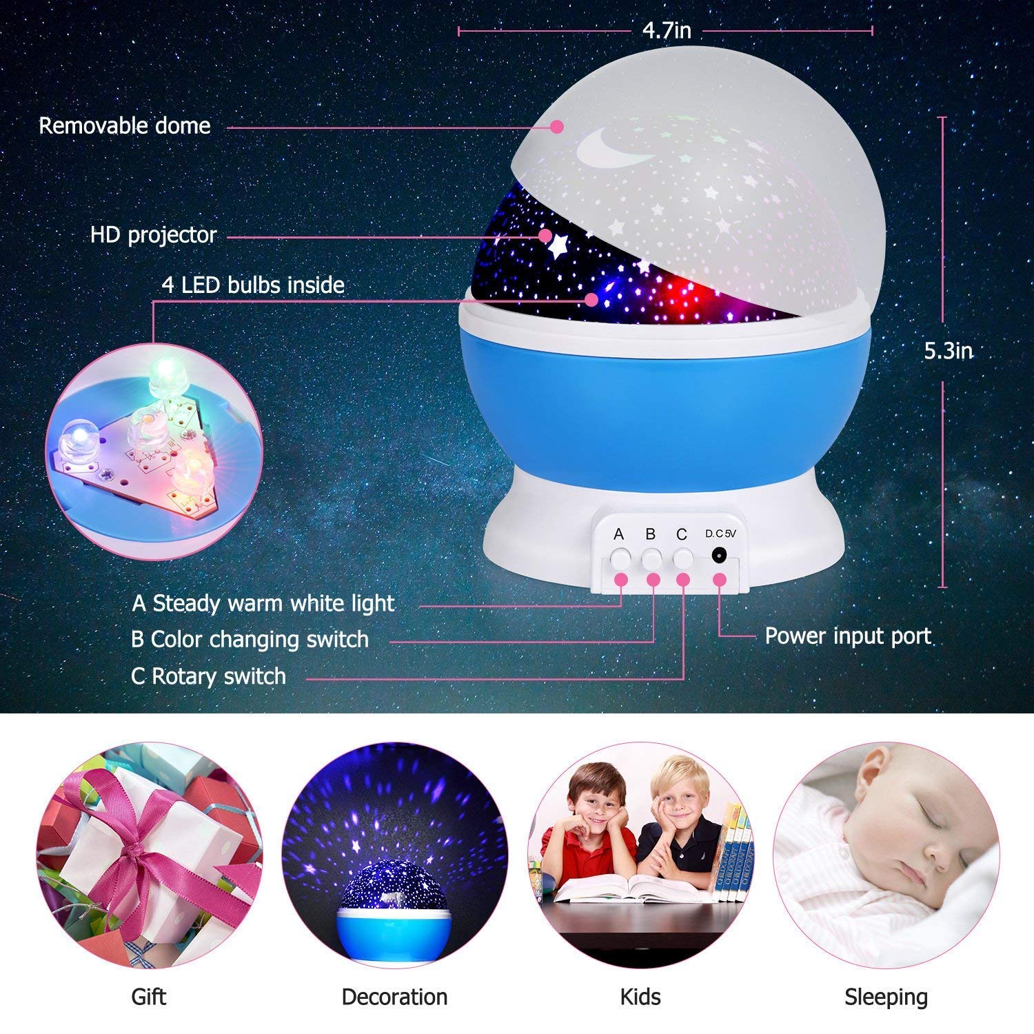 Freshdcart Star Moon Night Light Rotating Led Star Moon Night Projector Lamp Light Dream Color Changing Bed Light Lamp (Multi Colour)