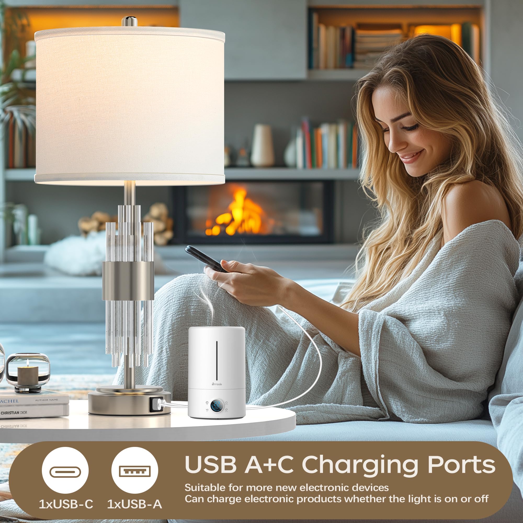 Qimh Table Lamp For Living Room,Bedside Lamp For Bedrooms Set Of 2 With Usb A+C Ports,3-Way Dimmable Touch Control,Modern Nights