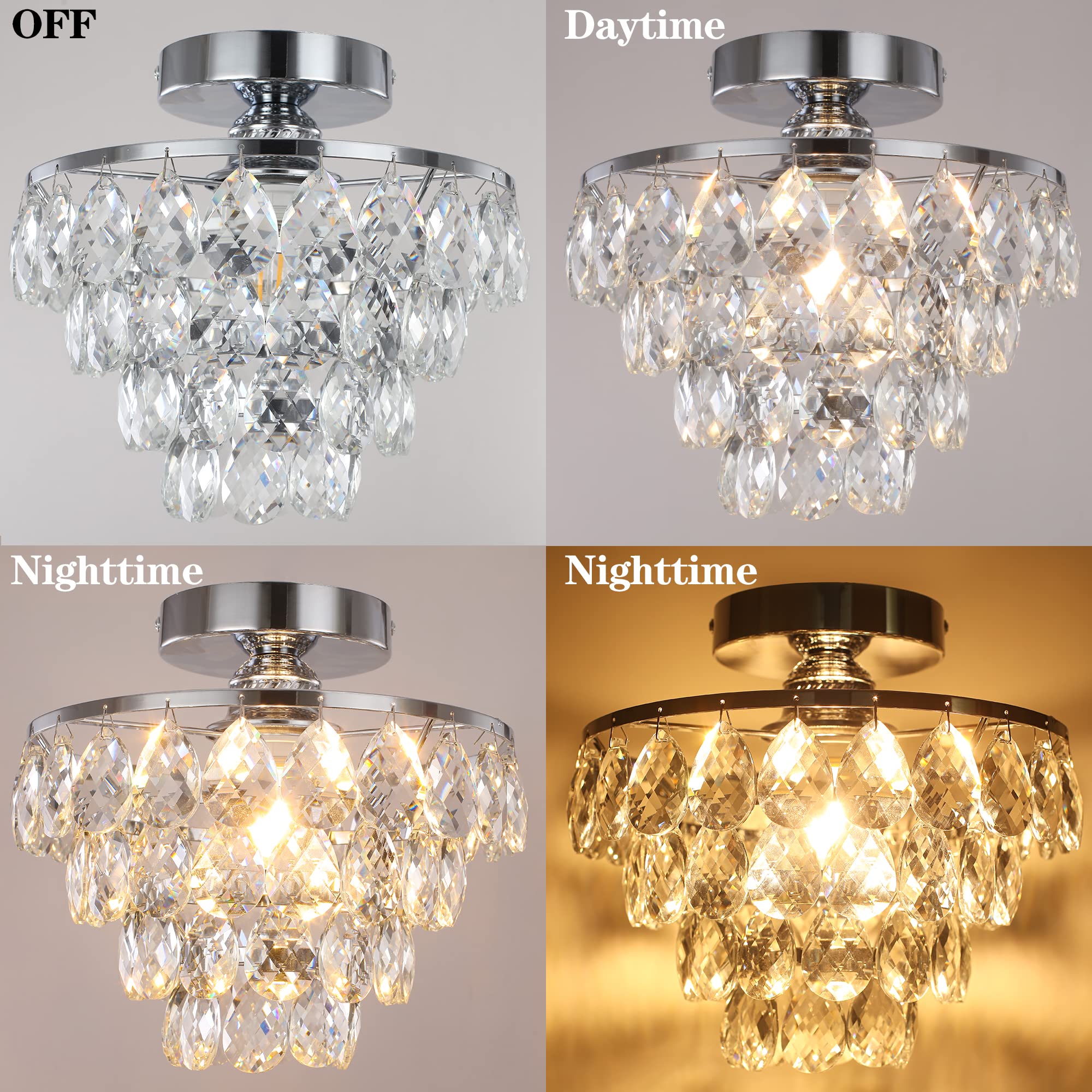 Luupyia Mini Crystal Chandelier - Modern Silver Semi Flush Mount Ceiling Light For Hallway & Bedroom
