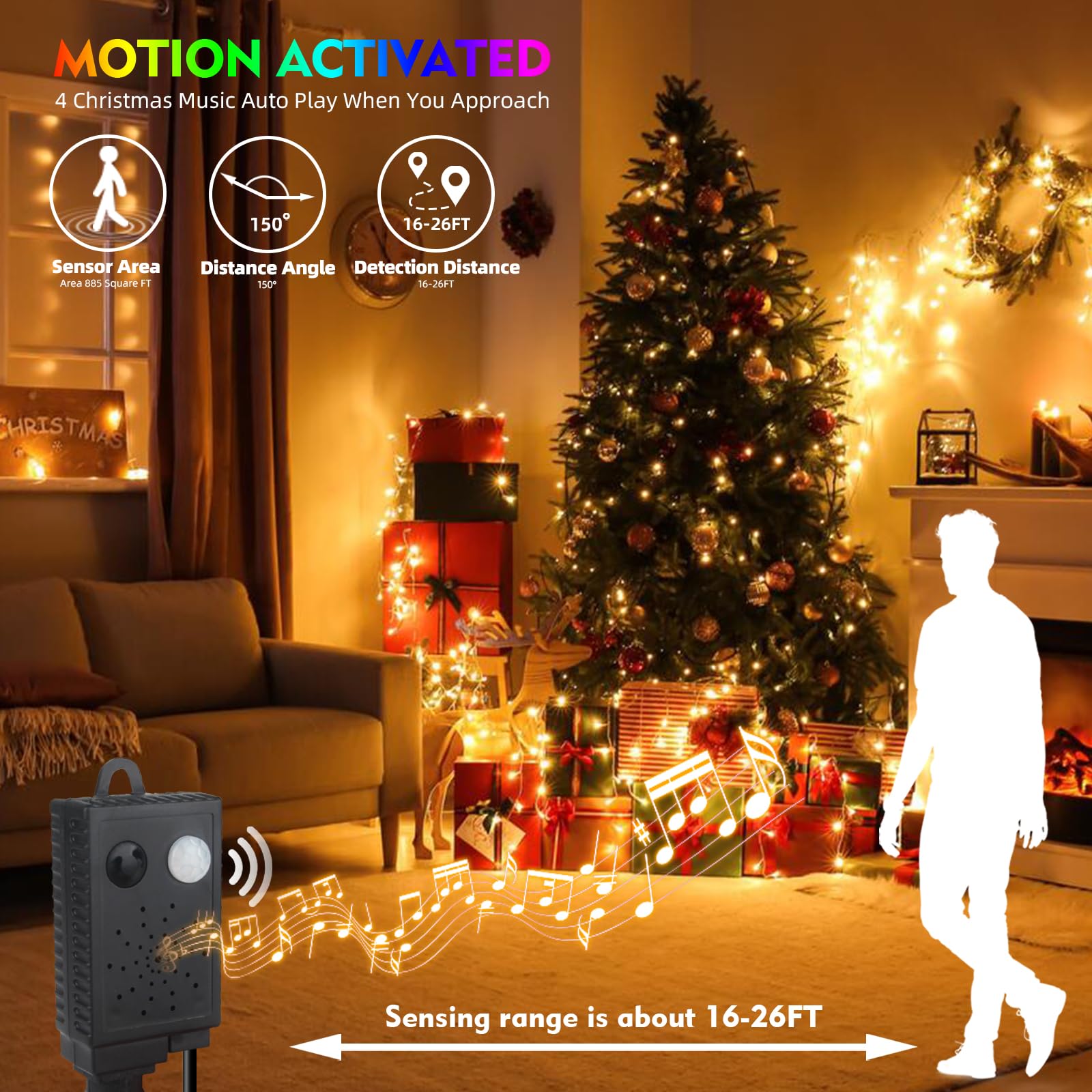 MZD8391 Motion Sensor Music Christmas Lights, 108FT, 300LED, Warm White, Indoor/Outdoor, Model QL300AE