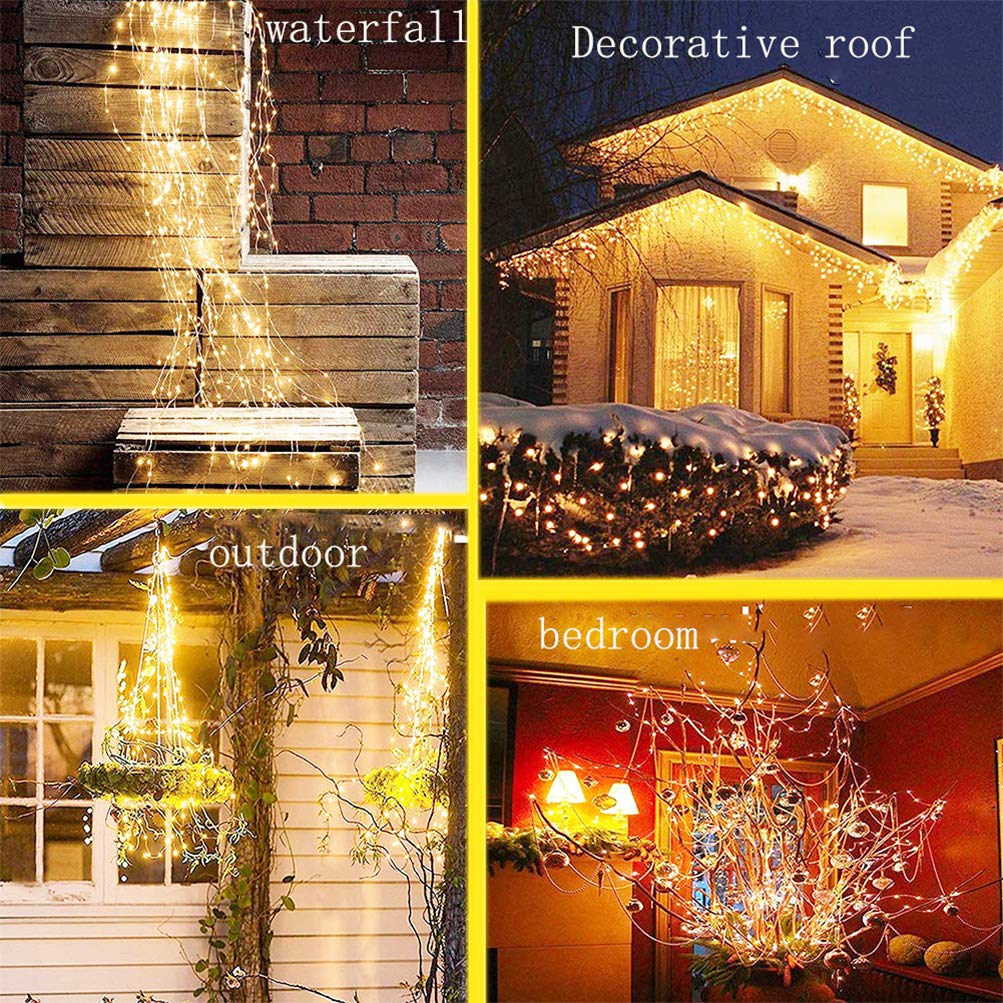 4 Pack 880 Led Battery Operated Firefly Bunch Lights, Remote Control Timer 8 Flashing Modes Copper Wire Waterfall Lights, Fairy Lights Waterproof For Christmas Patio Party Outdoor Decor (Warm White)